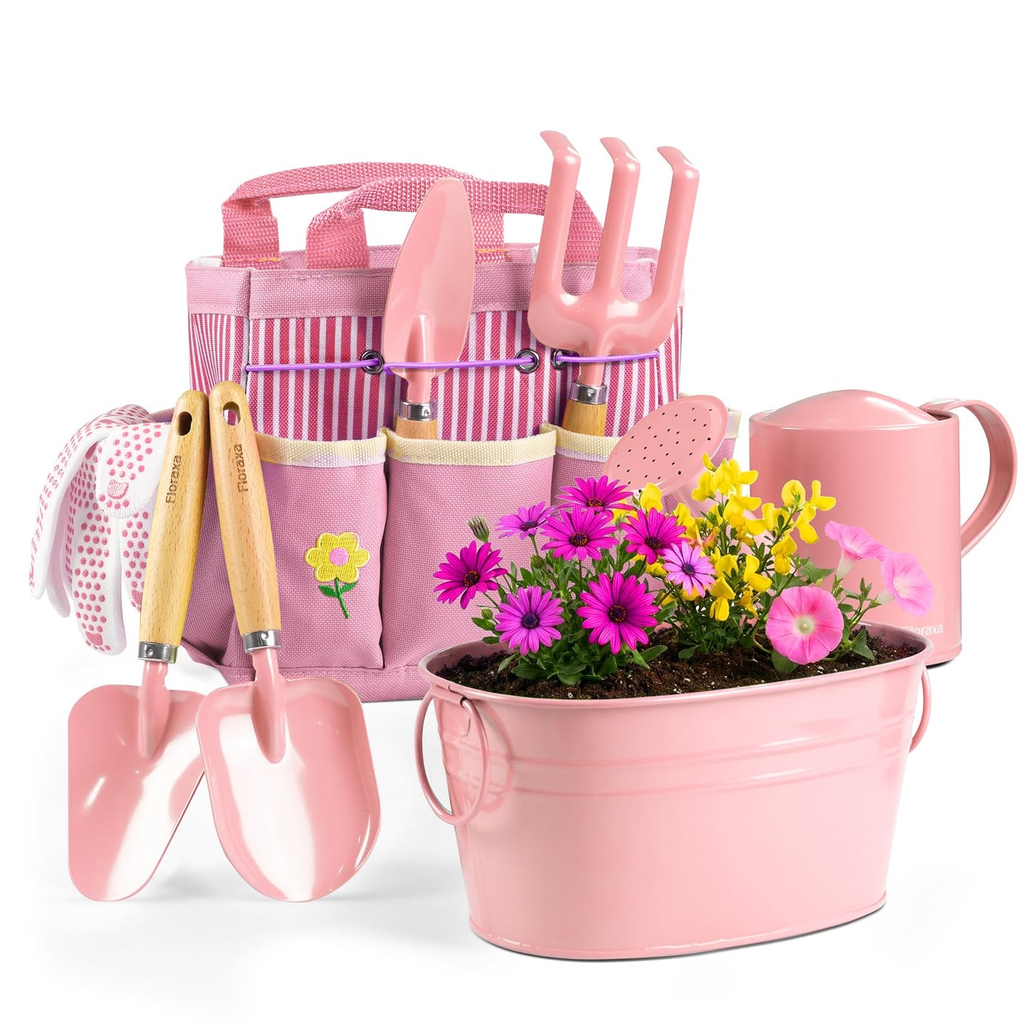 8Pcs Kids Gardening Set with Metal Basket & Real Metal Tools, STEM Outdoor Exploration Kit, Ergonomic Wooden Handles, 3 Shovels, Rake, Watering Can, Gloves, Tote Bag, Toy Gift for Toddler Boys Girls