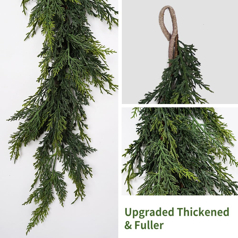 Christmas Cedar Garland,1Pcs 6ft Real Touch Cedar Pine Garland for Mantle Fireplace Outdoor Indoor Christmas Decorations