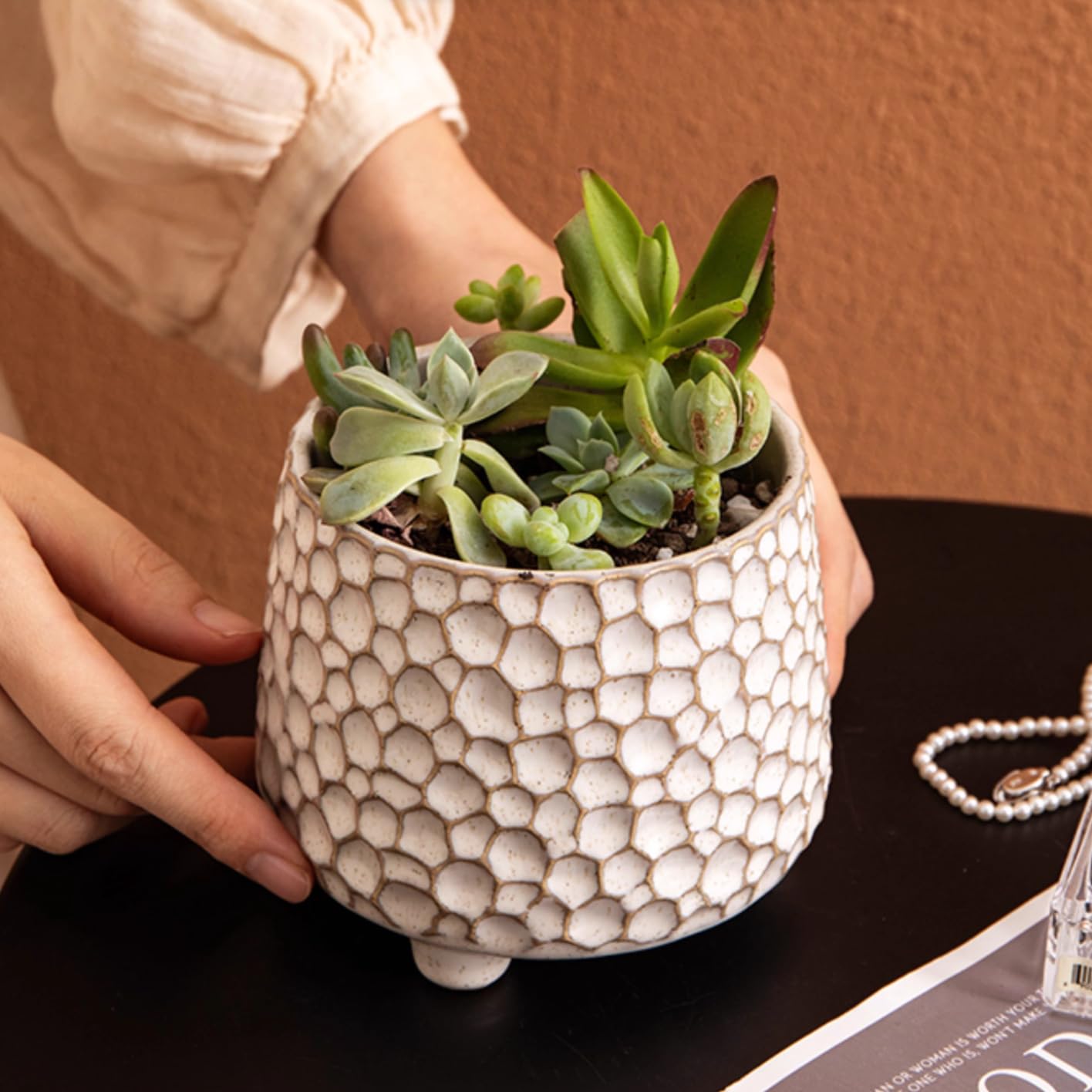 Rustic small 4inch ceramic planter pot for succulent cactus and Indoor Plant, No drainage hole, Short wide mouth small ceramic flower vase for farmhouse,Ceramic Crock ,Countertop Utensil Crock Holder