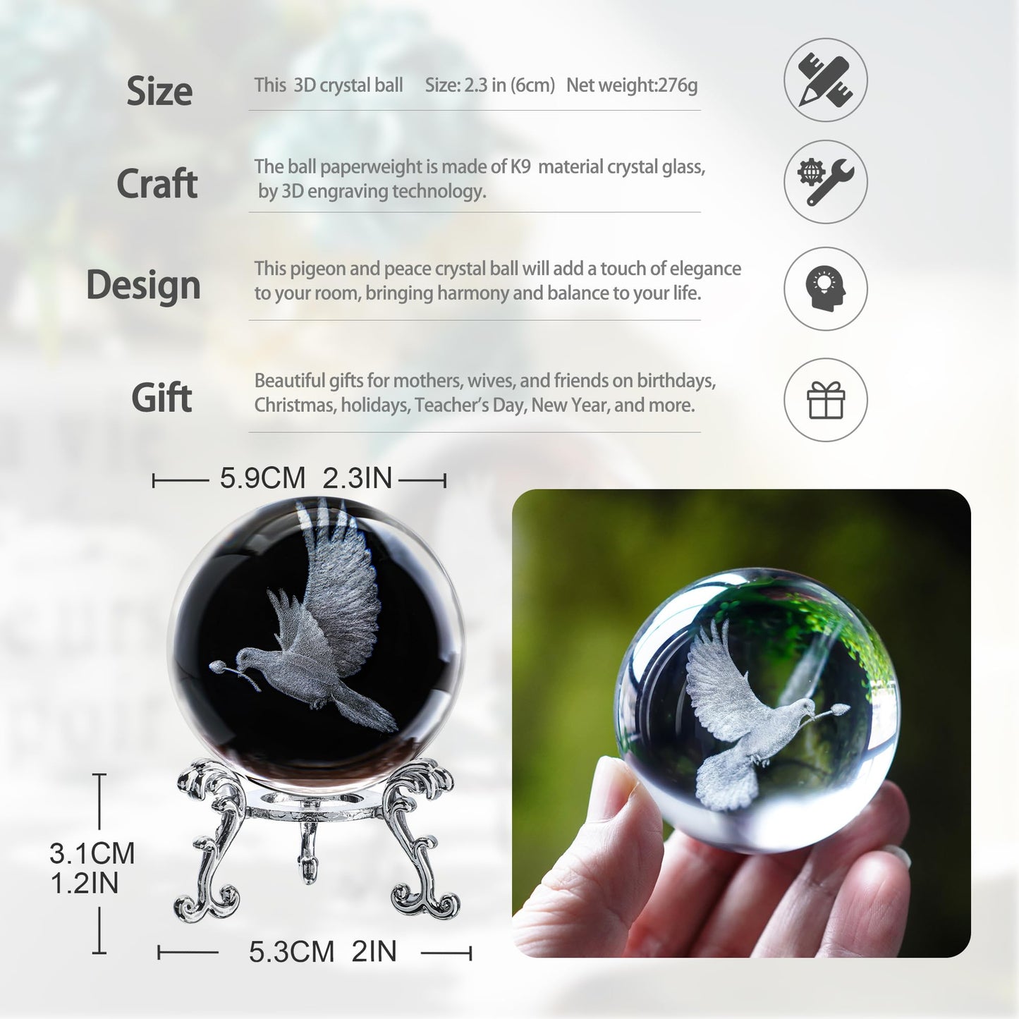 ZEERSHEE 60mm 3D Peace Dove Crystal Ball Figurine with Stand Glass Pigeon Ornament Decor for Home Table