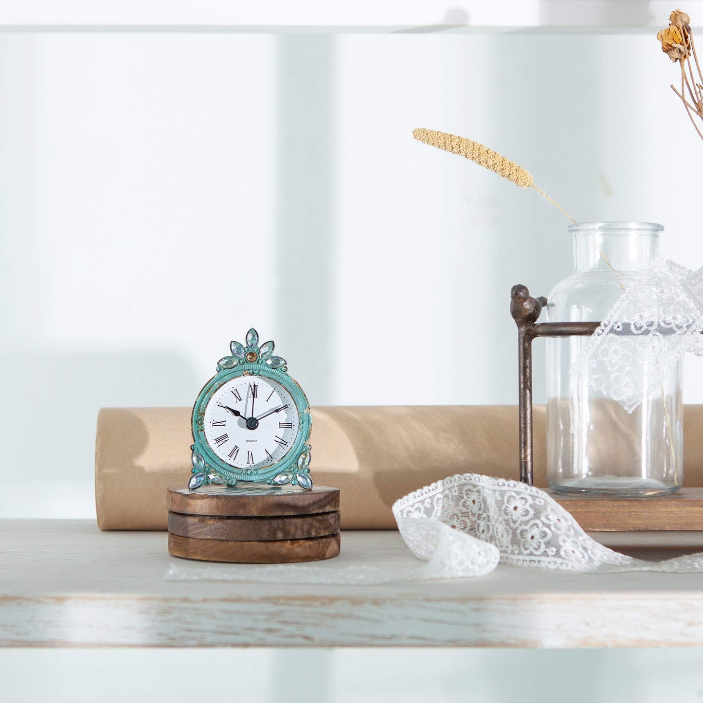 NIKKY HOME Vintage Pewter Quartz Mini Table Clock with Crystal Shining Rhinestone, 2.87 x 1.37 x 3.87 Inches, Aqua