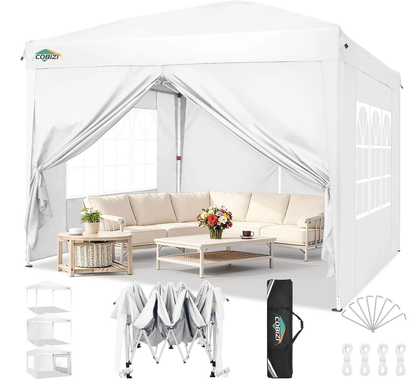 COBIZI 10x10 Pop up Canopy Tent, 10 by 10 Easy Setup Pop up Gazebo with 4 Sidewalls & Center Lock, Small Portable Instant Waterproof Outdoor Tent Canopy for Patio Backyard Vendor Event Sports (White)