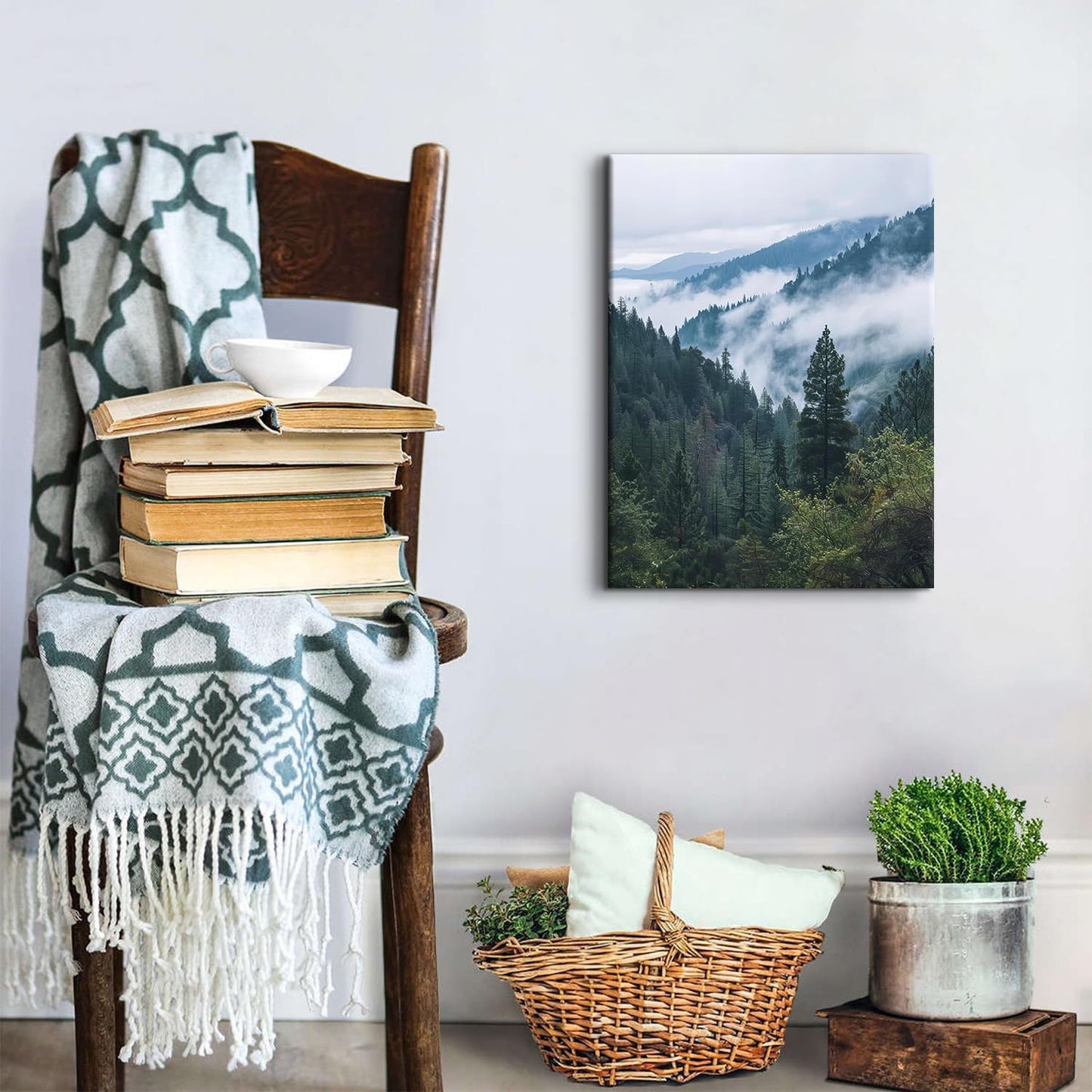 Great Smoky Mountain Wall Art Foggy Forest Landscape Picture Canvas Prints for Living Room Bathroom Misty Pine Tree Wall Decor Nature Green Tropical Poster Painting Artwork Home Decorations 12x16”