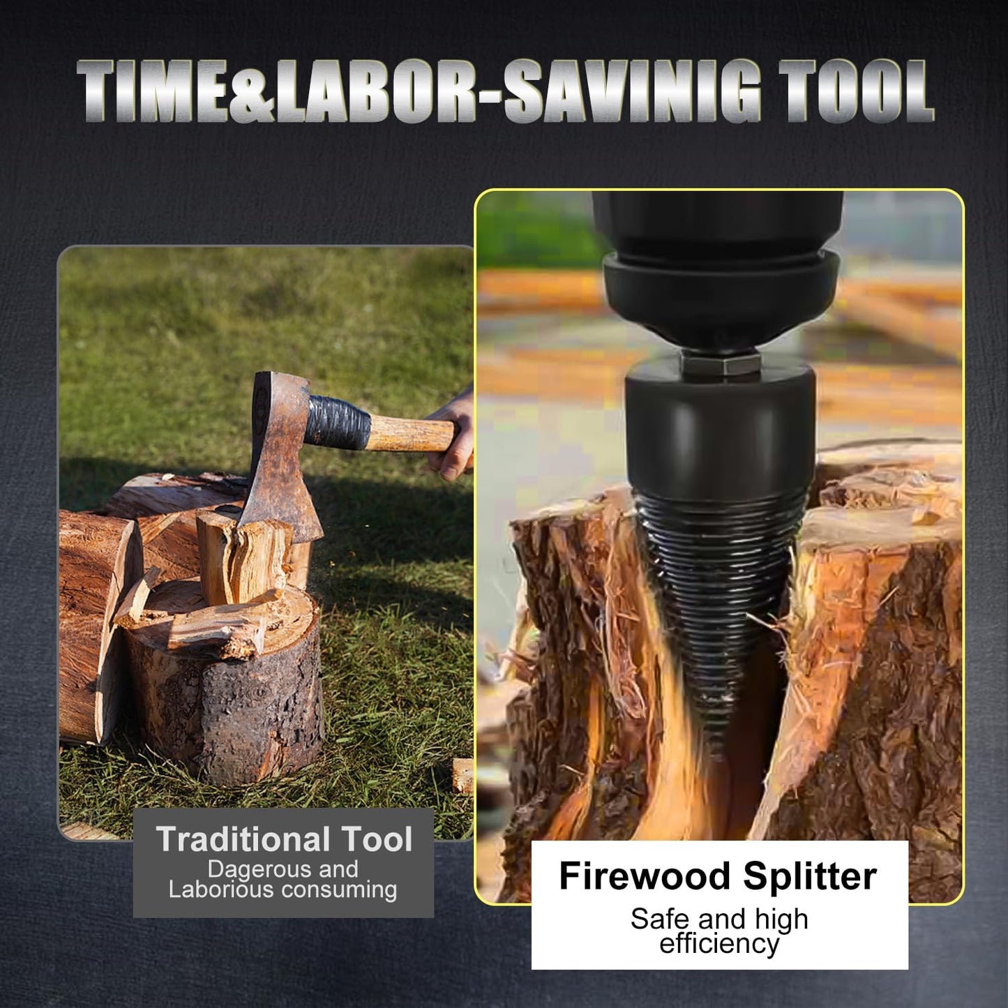 45+32mm Firewood Log Splitter, Fired Wood Kindling Splitter Set Detachable Design, Heavy Duty Electric Drills Screw Cone Driver Removable, Wood Splitting Wedge Tools 6Pcs