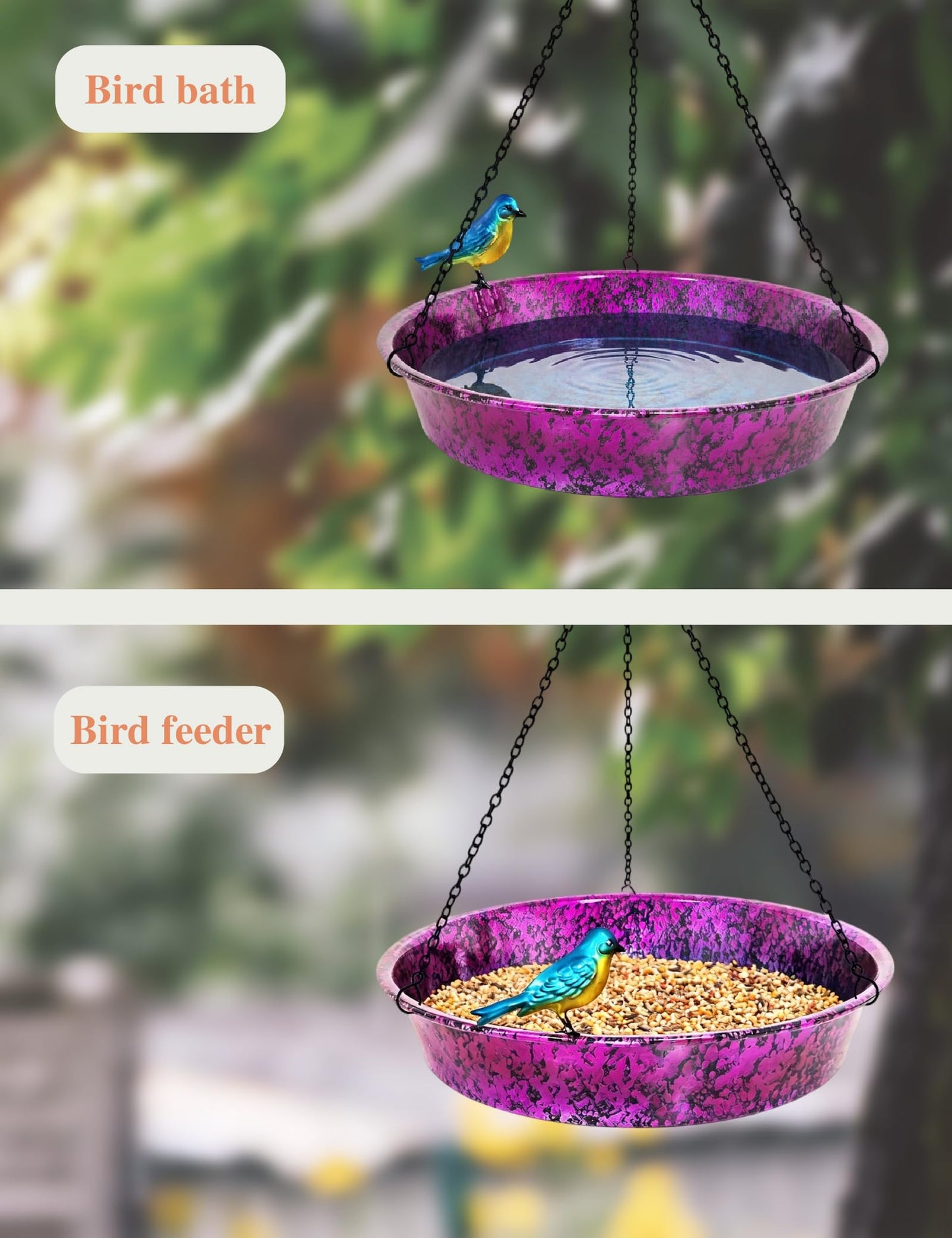 Hanging Bird Bath for Outside, 11.5” Metallic Purple & Blue Metal Birdbath Bowl & Feeder with Black Chain Outdoor Garden Yard Decor
