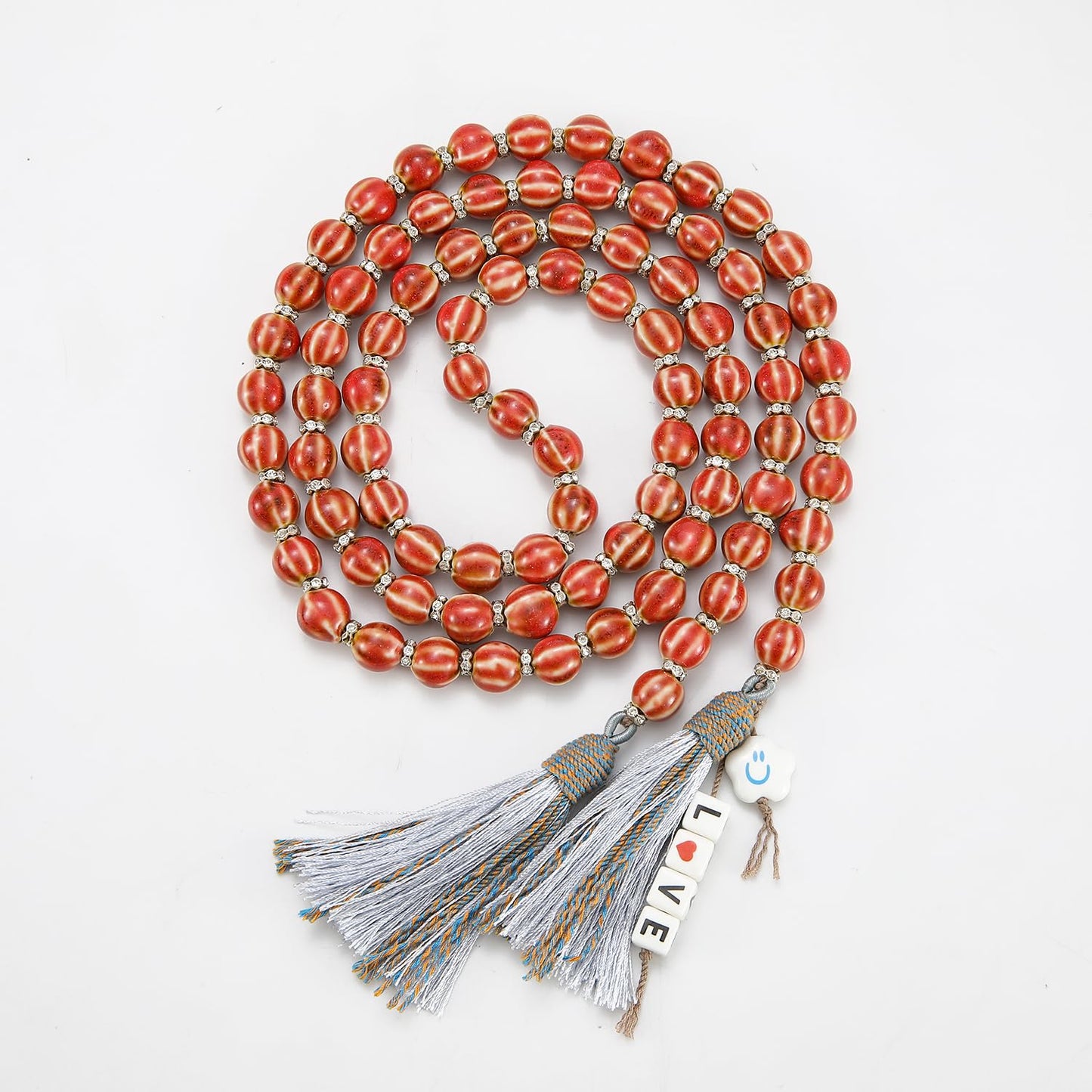 Handmade Bead Garland with Tassels - Farmhouse Rustic Prayer Bead String Wall Hanging Accent for Home Festival Decor.
