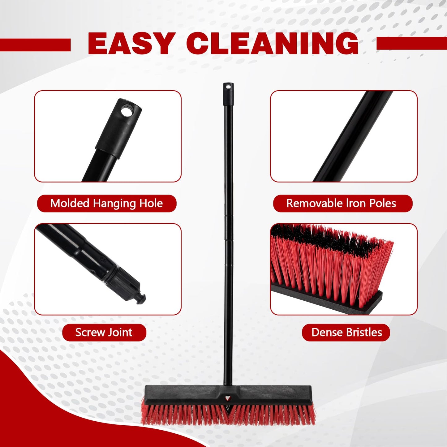 18 Inch Heavy Duty Push Broom Outdoor with 63" Long Handle Stiff Bristle Brush for Patio,Deck,Driveway,Garage,Yard,Warehouse&Concrete Floor Cleaning (Red)