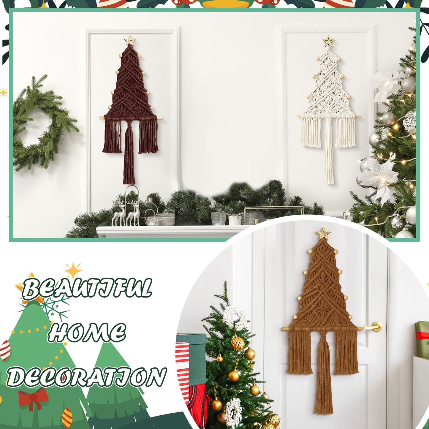 HunnmingRe Neutral Christmas Tree 3 Set Macrame Christmas Wall Decoration Hanging Ornaments Boho Wall Decor for Party Supplies