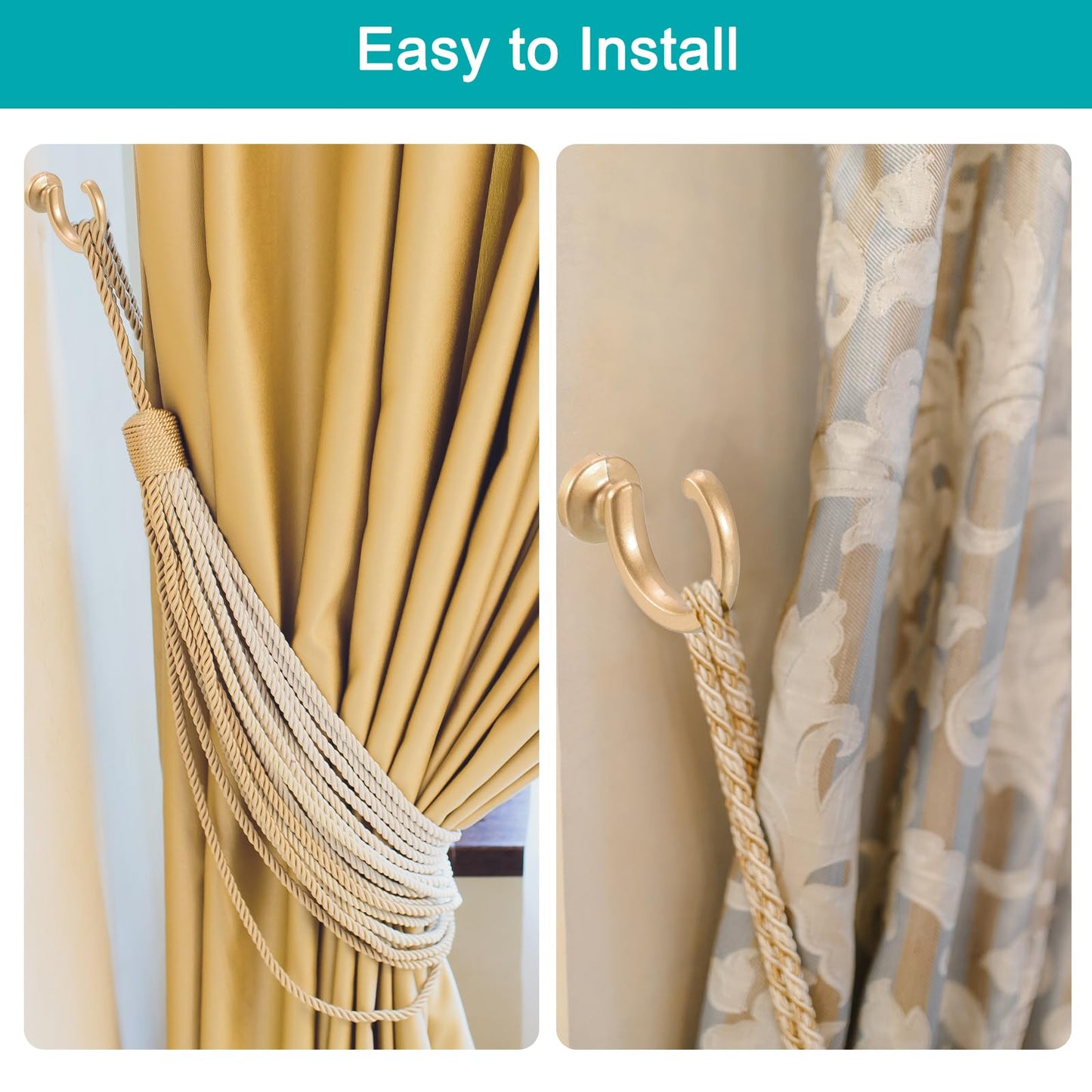 uxcell 4Pcs Curtain Holdback, Aluminum Alloy Wall Mounted Curtain Holders Drapery Tieback Hooks for Living Room Bedroom Office (Gold)
