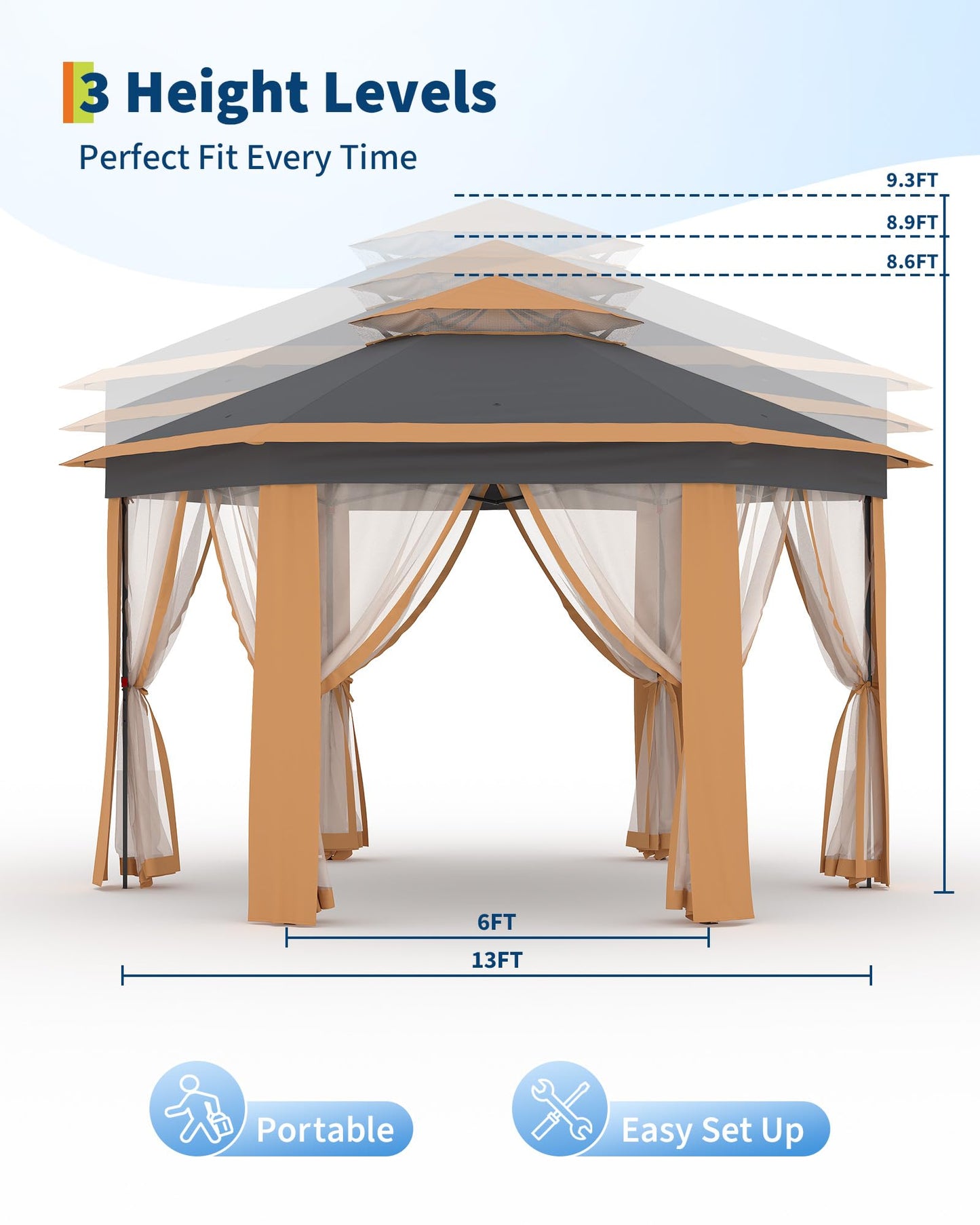 GarveeLife 13'x13' Pop-Up Gazebo, Outdoor Hexagonal Patio Gazebo with Mosquito Netting, Instant Setup Canopy Tent with Strong Steel Frame and Sandbags, for Backyard, Gardens, Patio (Khaki)