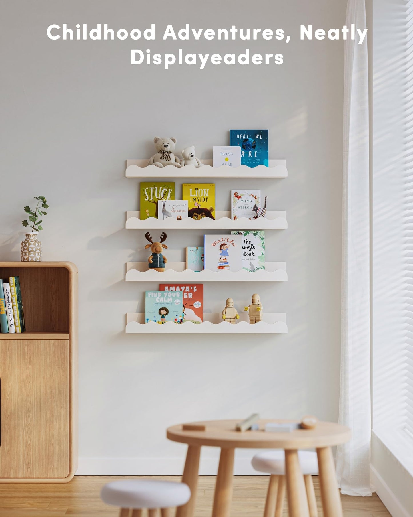 Seocry Kids' Bookshelf Set of 4 - White Floating Nursery Book Shelves, Picture Ledge Shelf for Wall Decor and Storage - Perfect for Books, Toys, Photo Frames, and Nursery Décor