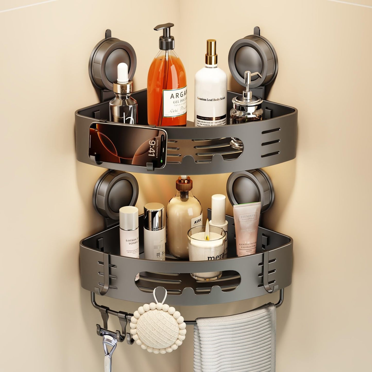 Voldra Corner Shower Caddy Suction Cup, Aluminum Corner Shower Shelves for Wall No Drilling, Large Suction Cup Shower Organizer with Towel Bar & Hooks Removable Bathroom Storage Rack(2 Pack-Gray)
