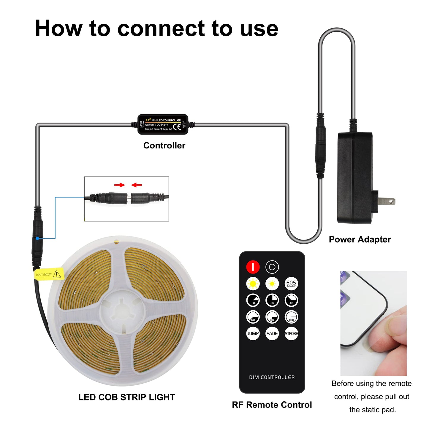 AXMOTUT COB LED Strip Light Warm White, High Bright LED Strips with 2400LEDs, RF Remote and UL Power Supply, 3000K Dimmable LED Lights for Bedroom, Kitchen, DIY Home Decoration