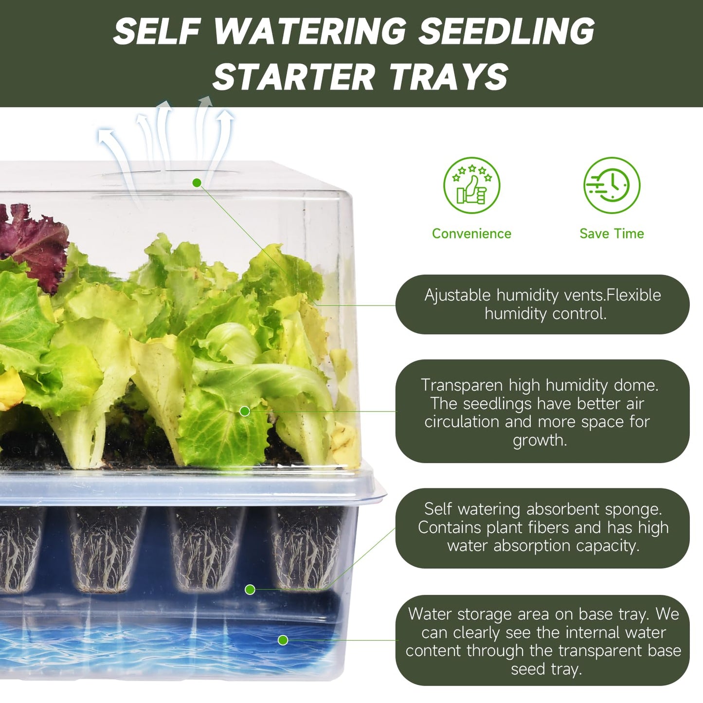 Adawook Self-Watering Seed Starter Tray, Seed Starter Kit Self Water, Germination Trays for Seed Starting with High Humidity Domes (Tray, 120 Cells)