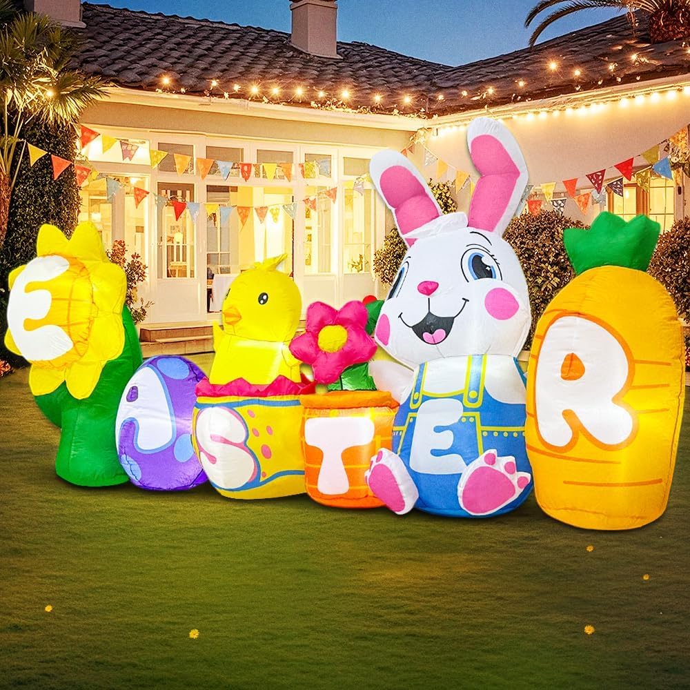 KOOY 8FT Long Easter Inflatables Bunny Outdoor Decorations with Egg Chick Carrot and Sunflower, Built-in LED Lights Easter Blow Up Yard Decorations for Lawn Garden Holiday Party