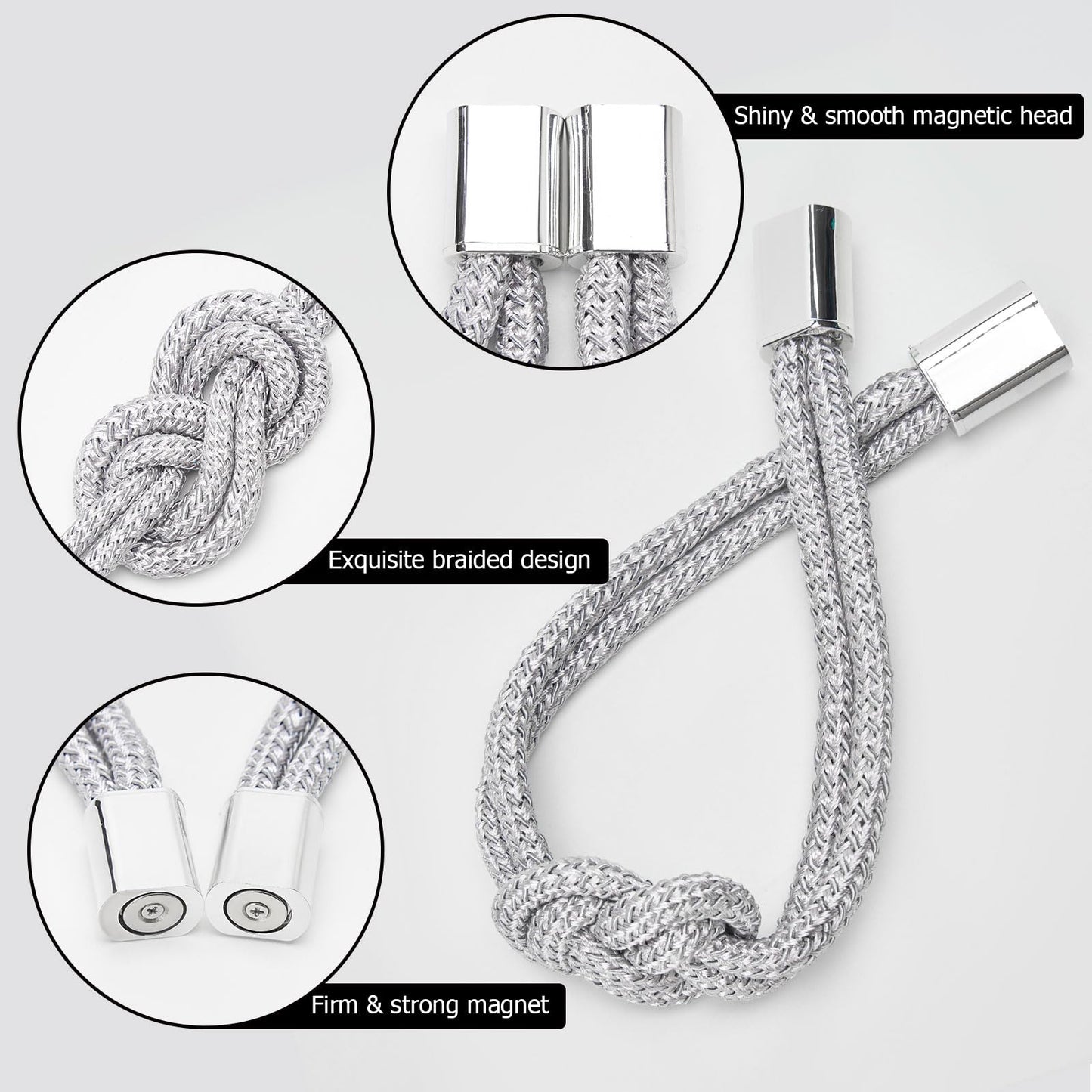 NICEEC 2 Pack Mini Magnetic Curtain Tiebacks Nordic Simple Style Drape Tie Backs Elegant Hand Weave Rope Knot Decorative Curtain Holdbacks for Home & Office Thin Window Drapery (Silver Grey)