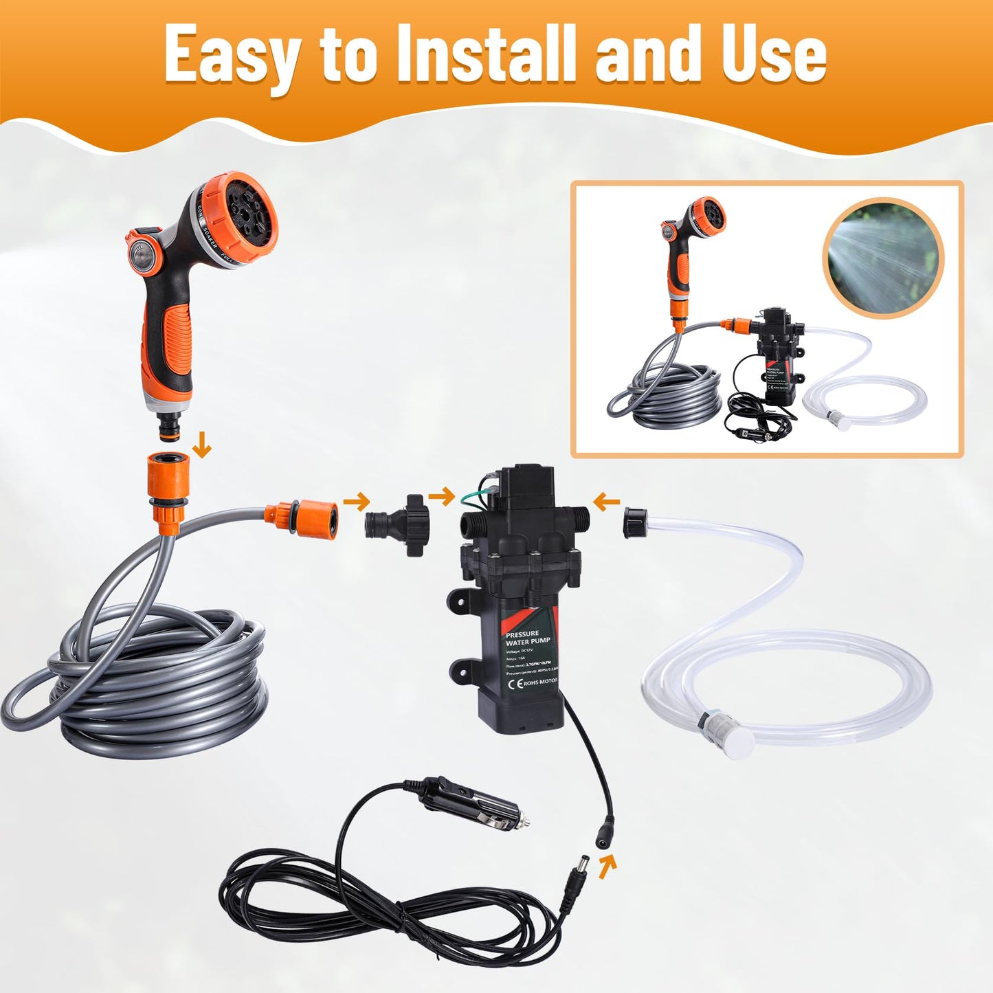 Bang4buck Portable Intelligent Electric Pressure Washer Pump 120W 80PSI 12V Portable Pressure Powerful Washing Kit for Home, Car, Garden, Projects
