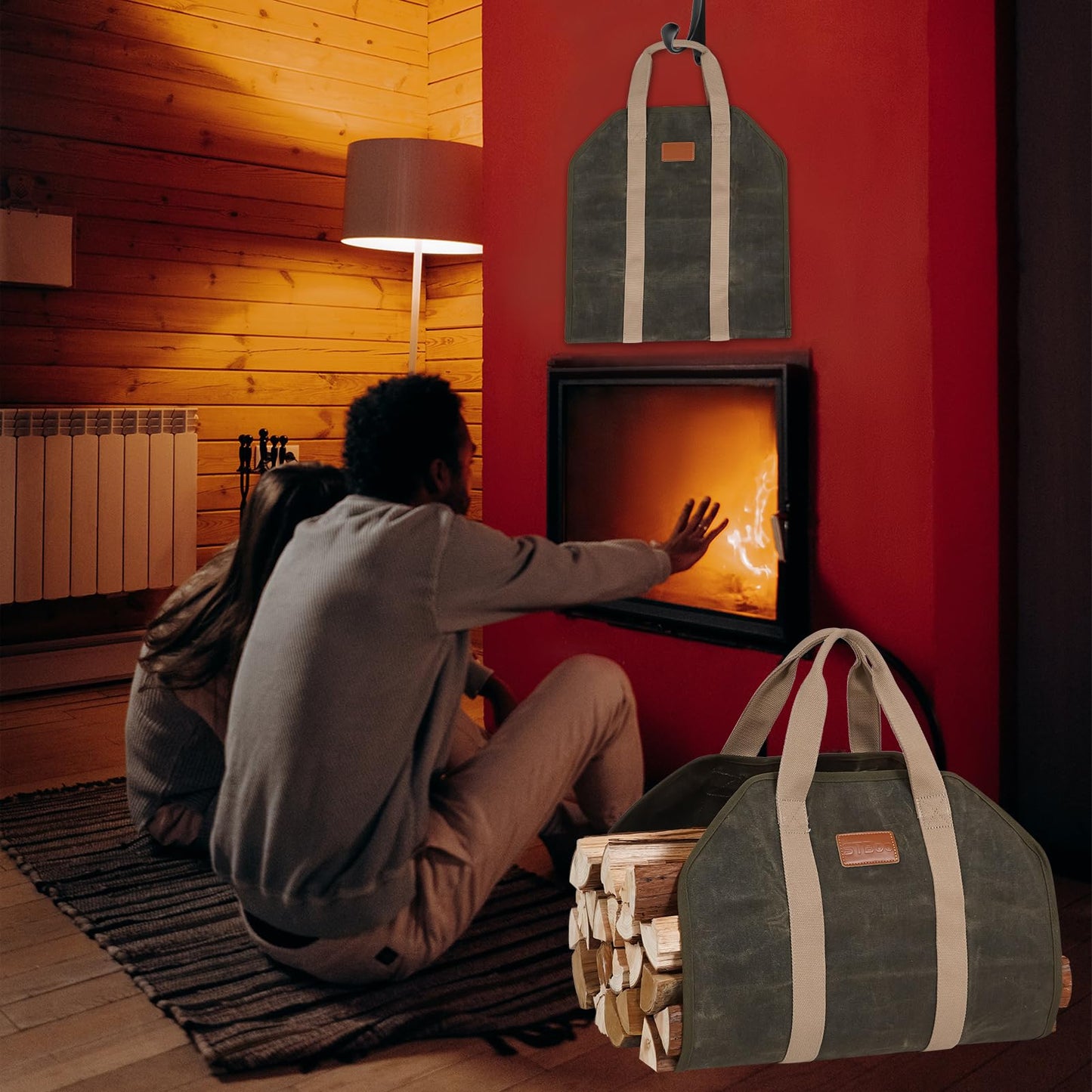 STBoo Firewood Carrier Waxed Canvas: Log Carrier for Firewood Heavy Duty | Fire Wood Carrier Tote Bag | Fireplace Log Holders for Firepit Outdoor Camping, Indoor, Wood Stove Accessories Gift, Geen
