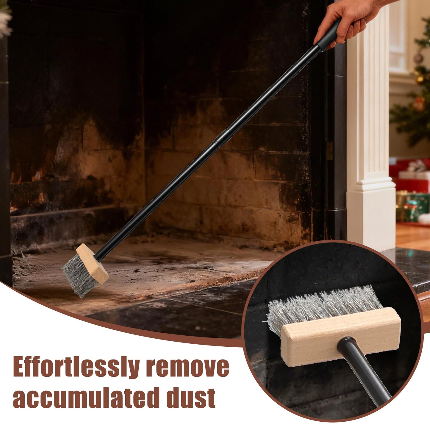 59" Fireplace Brush, Adjustable Metal Handle with Metal bristles, Suitable for Indoor fireplaces, Outdoor fire pits, and Camping. Easily Clears Ashes and Embers