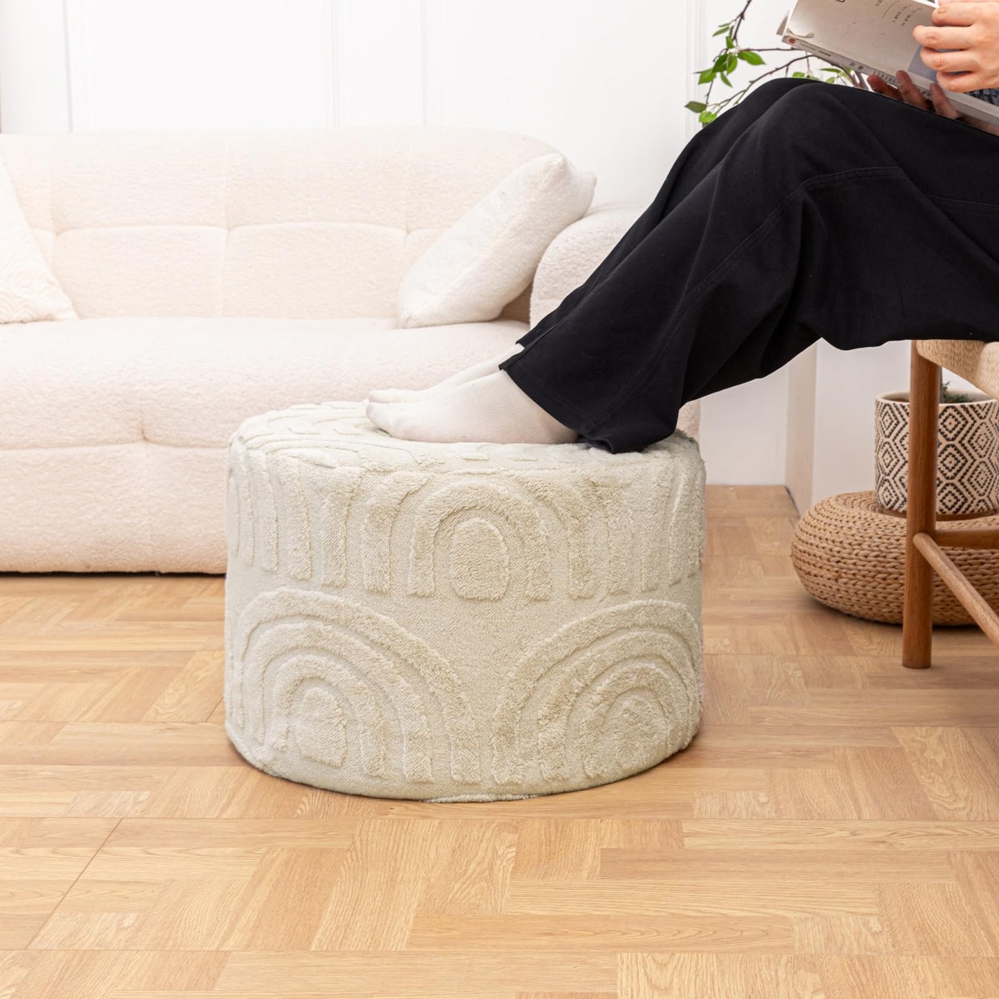 Asuprui Plush Fabric Ottoman Footrest – 20"x14" Soft Foam Pouf with Removable Cover Perfect for Living Room, Bedroom & Dorm(Linen)