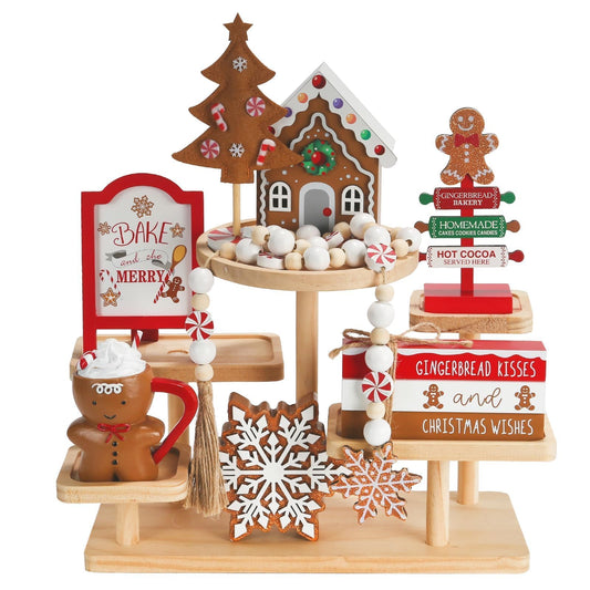 Gingerbread Christmas Decorations 8 PCS Tiered Tray Decor Set, Cute Tabletop Christmas Decor for Home Shelf Mantel Coffee Bar Office Xmas Table Centerpieces Tray Objects Holiday Baking