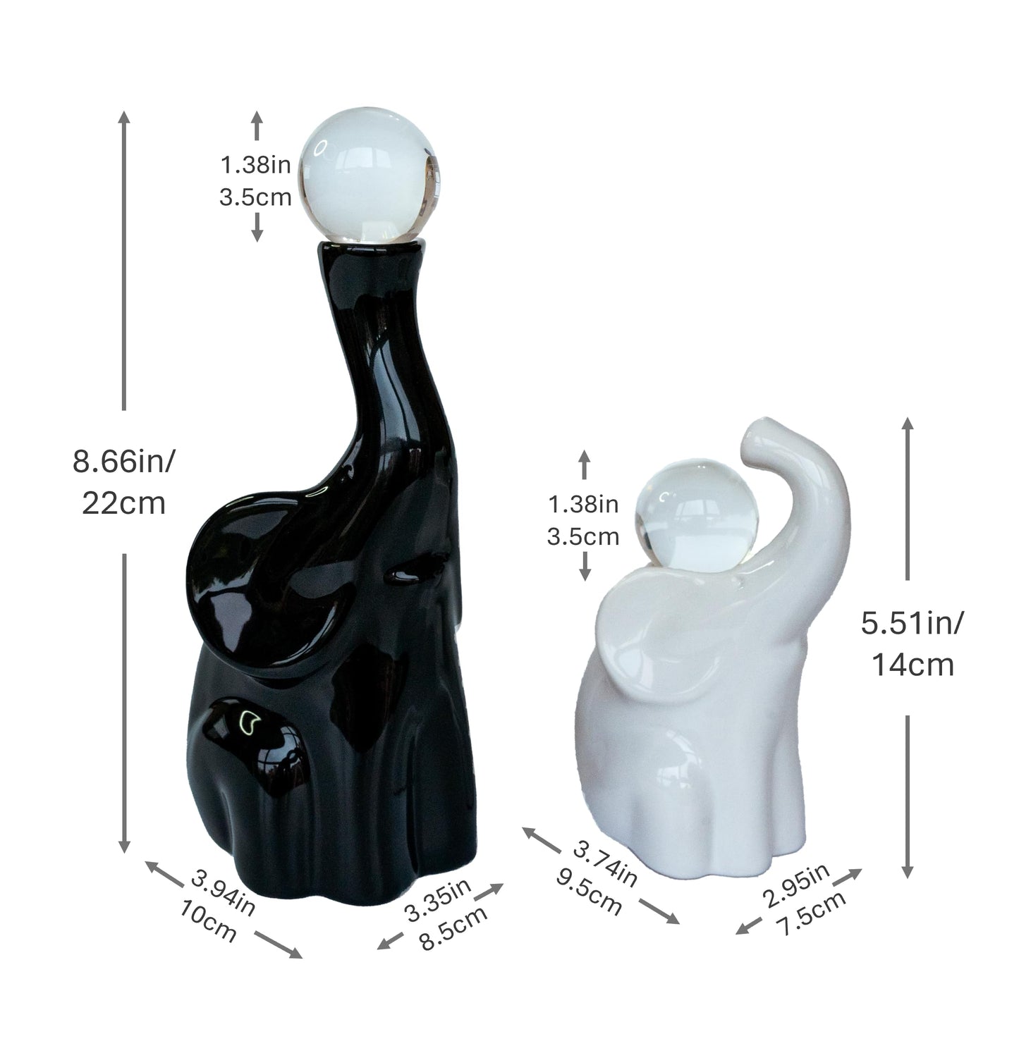 AOBOWEYO Handmade Elephant Gifts for Women, Ceramic Figurines with Crystal Balls, Modern Statues Home/Office Decor, Animal Sculpture for Anniversary/Housewarming/Wedding/Couples (Black & White)