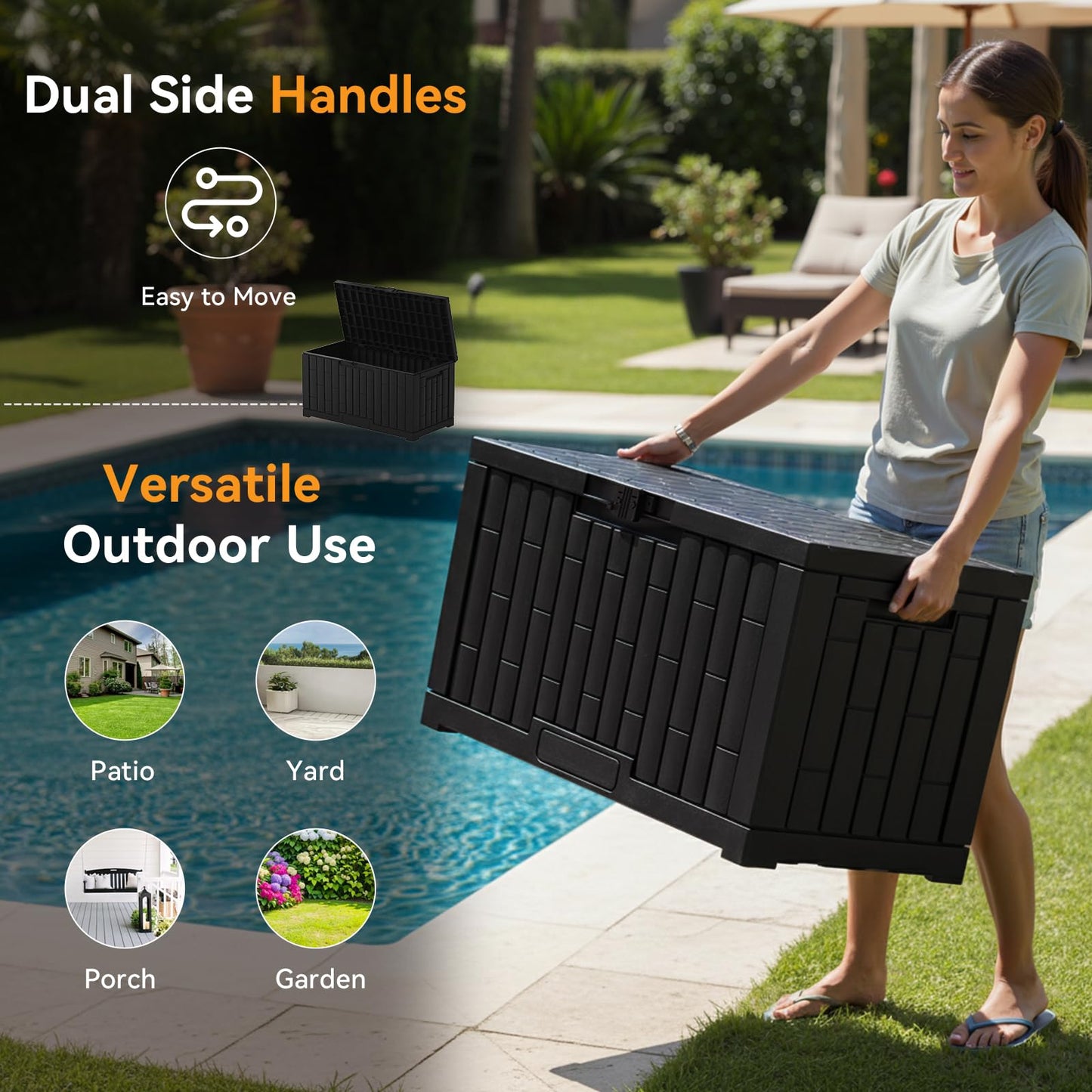 DUMOS 60 Gallon Deck Box, UV Resistant Waterproof Storage Bin for Patio Cushions Gardening Tools, Lockable Resin Outdoor Storage Box with Hundles, Black