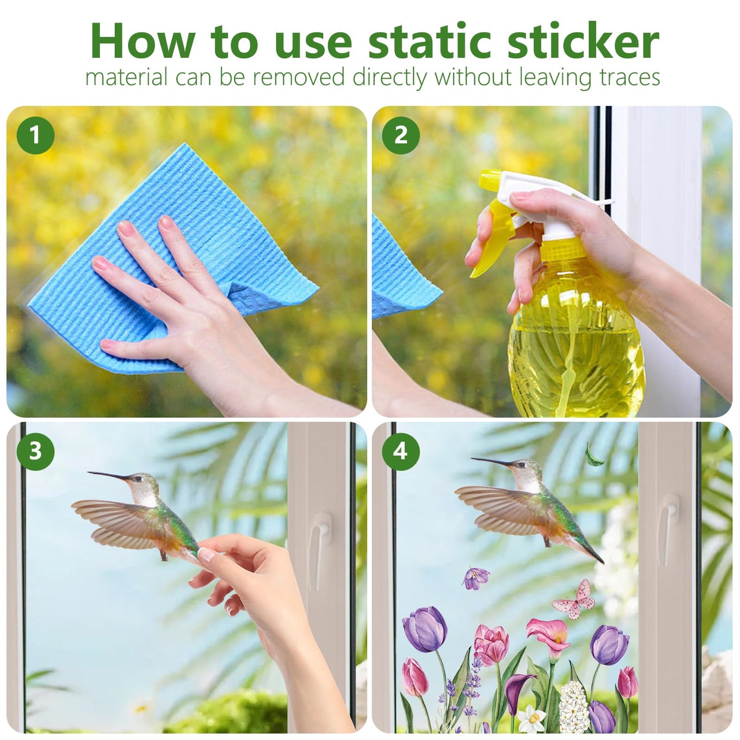 Hianjoo 9 Sheets 76 PCS Tulip Window Clings with Bird Branch Butterfly Double Sided Reusable Spring Holiday Decorations for Room Office