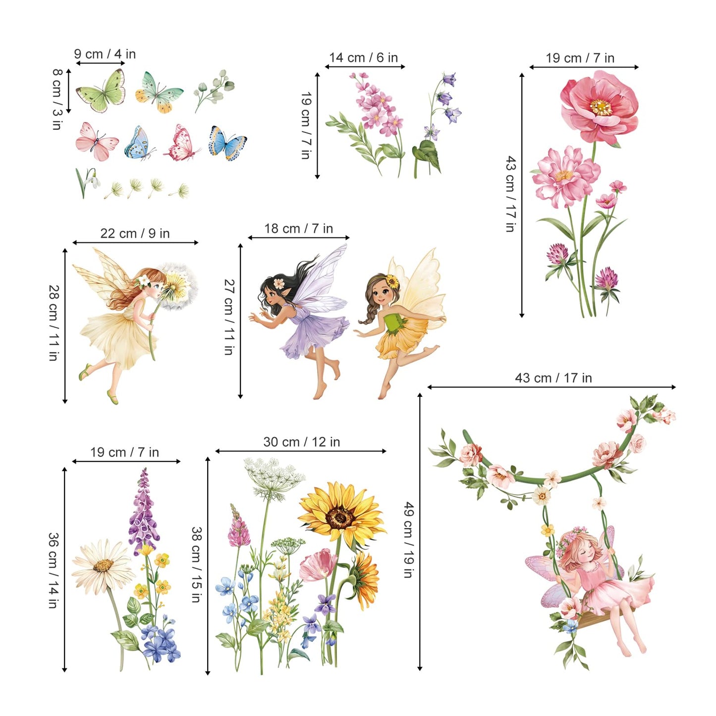 decalmile Flower Fairy Wall Decals Butterfly Girl with Wildflower Sunflower Wall Stickers Girls Bedroom Baby Nursery Kids Room Wall Decor