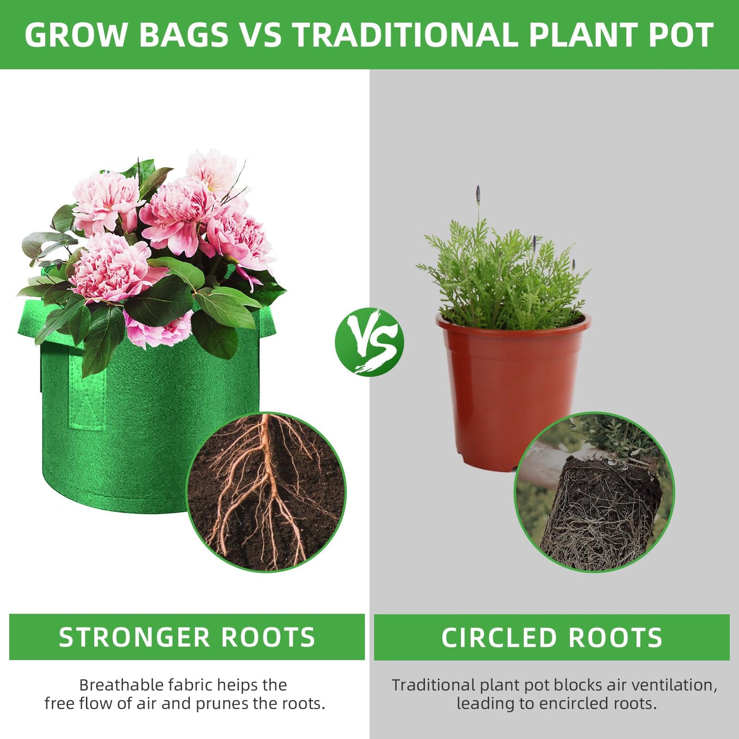 FineGearPow 5-Pack 15 Gallon Grow Bags Heavy Duty Thickened Nonwoven Fabric Pots with Handles, Plant Grow Bags for Vegetables/Flower/Plant/Fruits, Green