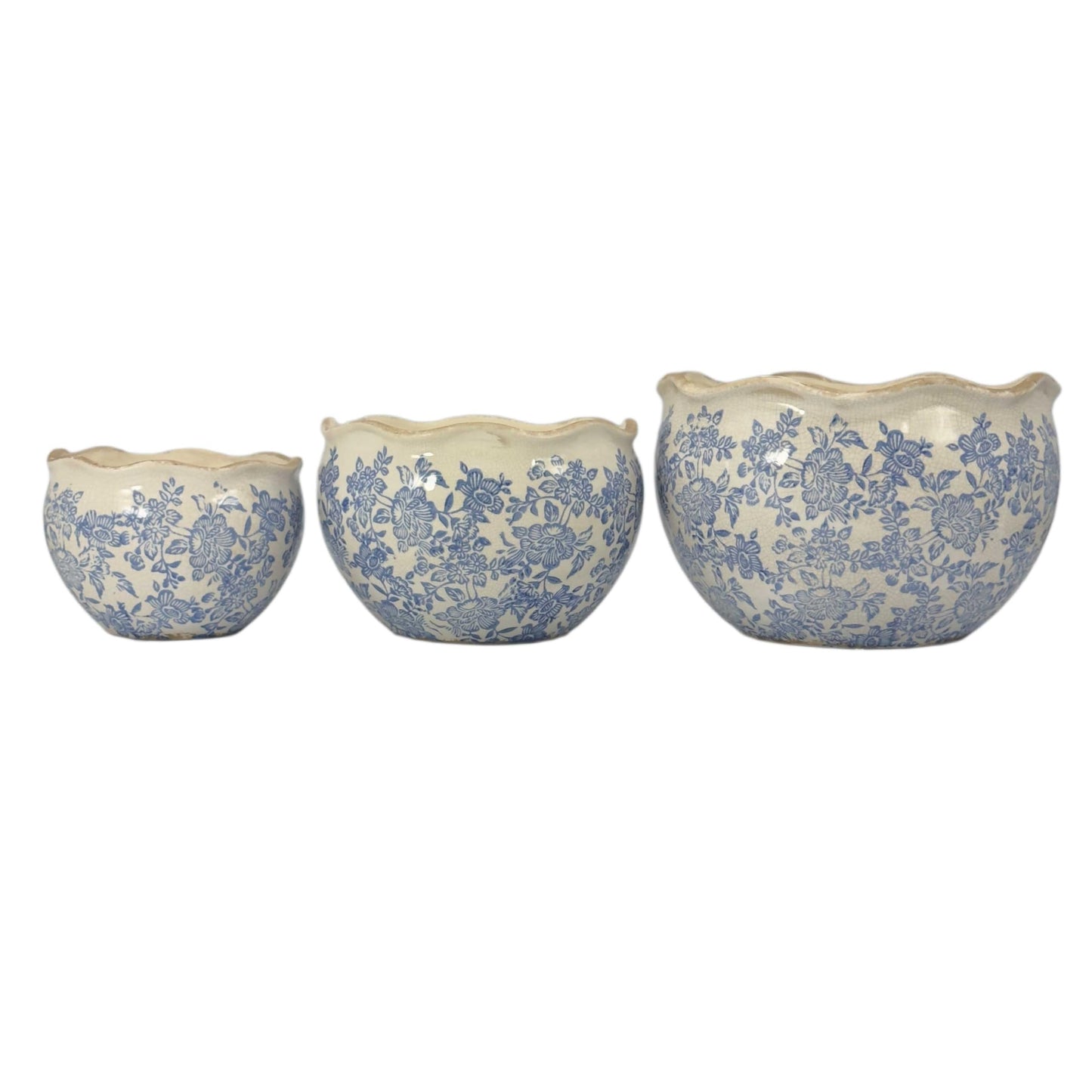 Galt International Ceramic Plant Pots Set of 3 Rustic Vintage Farmhouse Cream Crackle Glaze (11"/ 9.6"/ 7") Garden Indoor Outdoor Flower Planter w/Drainage Hole (Vintage Blue)
