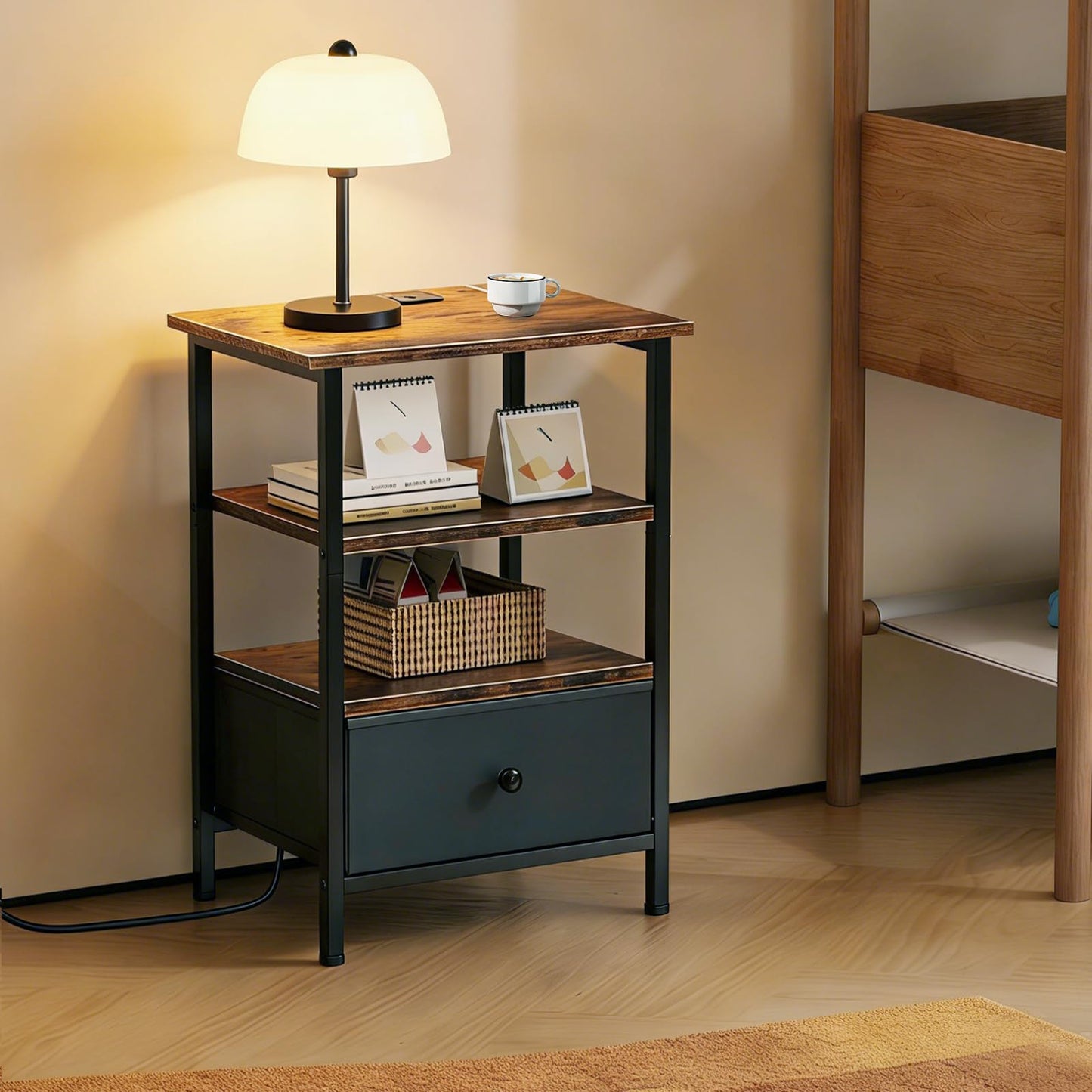 Tensirock Side Table with Charging Station, Nightstand with Adjustable Fabric Drawer, Bedside Table for Bedrooms, Living Rooms & Home Decor (Brown Black)