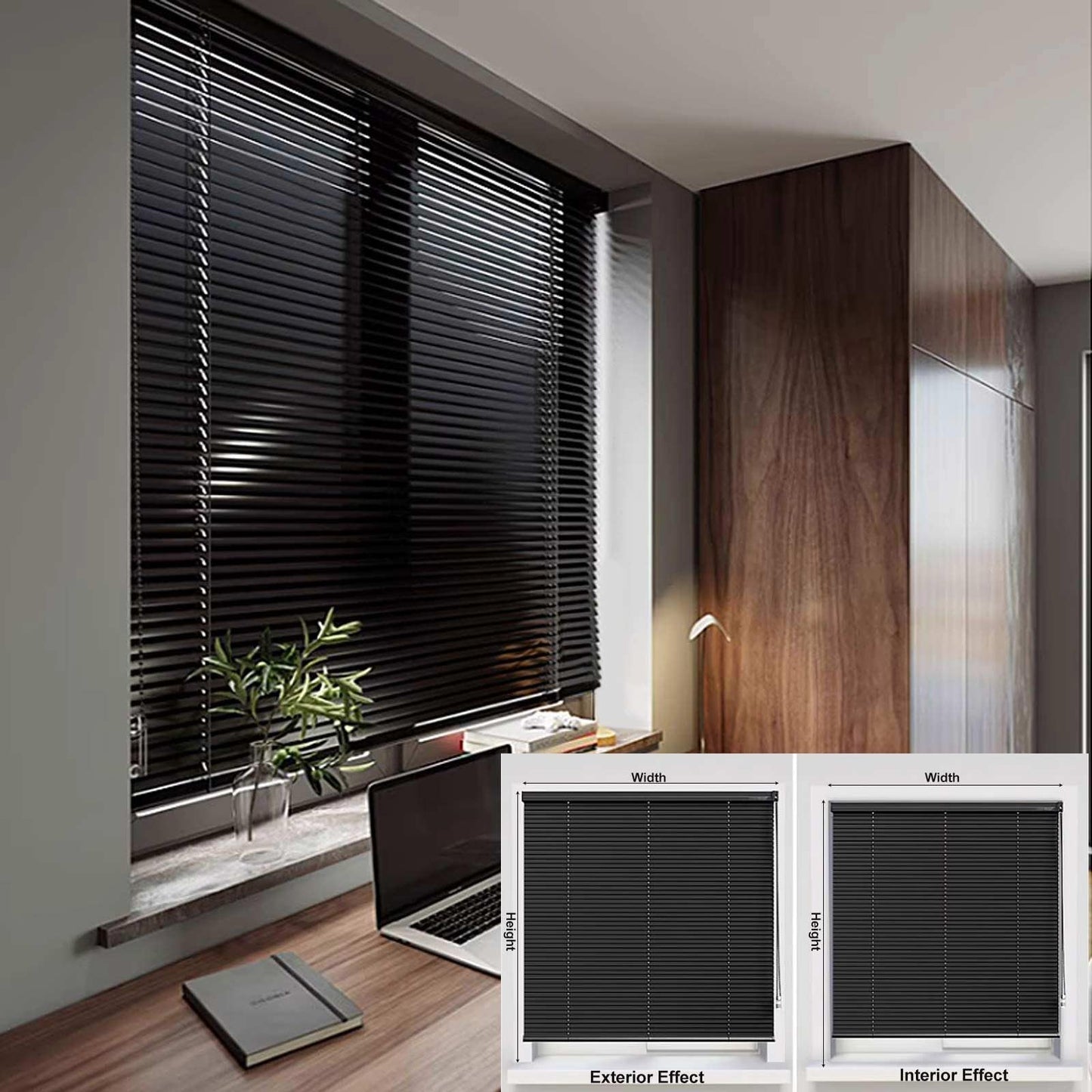 Aluminum Venetian Blinds Privacy Blinds Black Shutters Horizontal Slats Darkening Blind Thermal Shutters Home Cordless(80x160cm/31x62in)