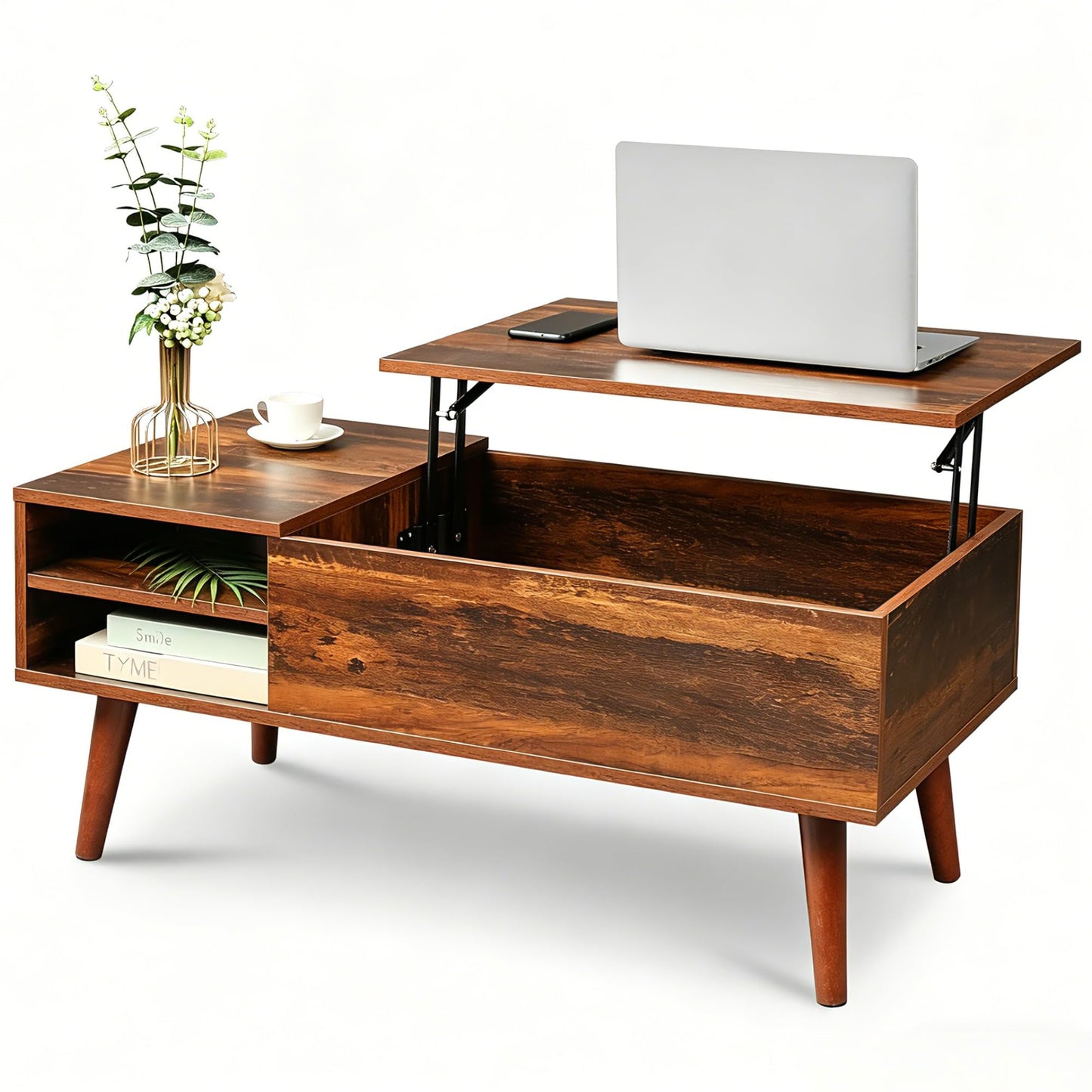 WLIVE Lift Top Coffee Table for Living Room,Small Coffee Table with Storage, Adjustable Shelf and Storage Compartment, Mid Century Modern Living Room Table, Wood, Rustic Brown
