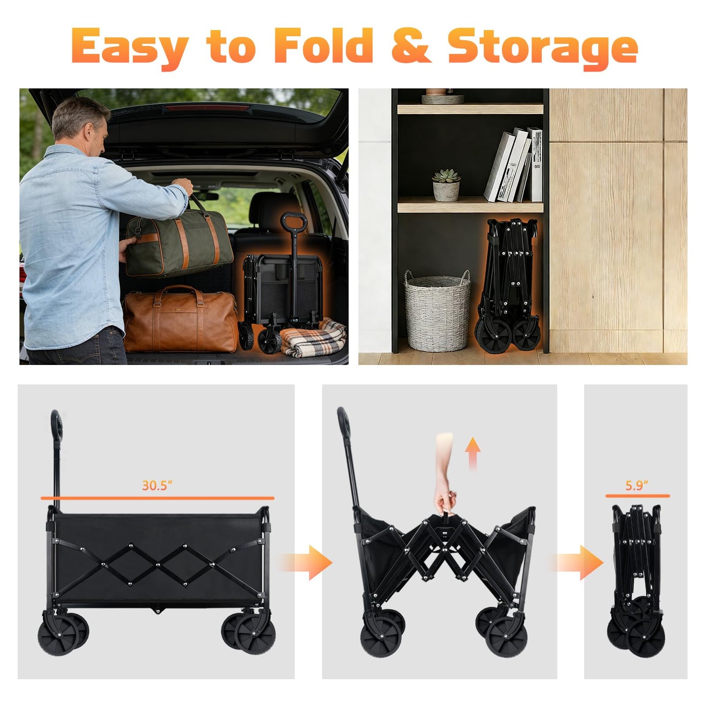 Collapsible Foldable Wagon Cart with Wheels - 360LBS Heavy Duty Folding Wagon Carts, Portable Lightweight Utility Wagon with All-Terrain Wheels & 2 Cup Holders, Grocery/Beach/Sports/Shopping/Black