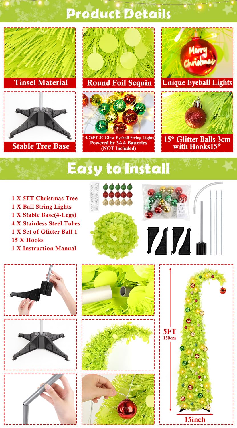 MACTING Whimsical Christmas Tree with Ball String Lights 5FT Green Pop Up Curved Tree with 15 Ball Lights & Hanging Ornaments Collapsible Tinsel Tree for Apartment Porch Indoor Xmas Halloween Decor