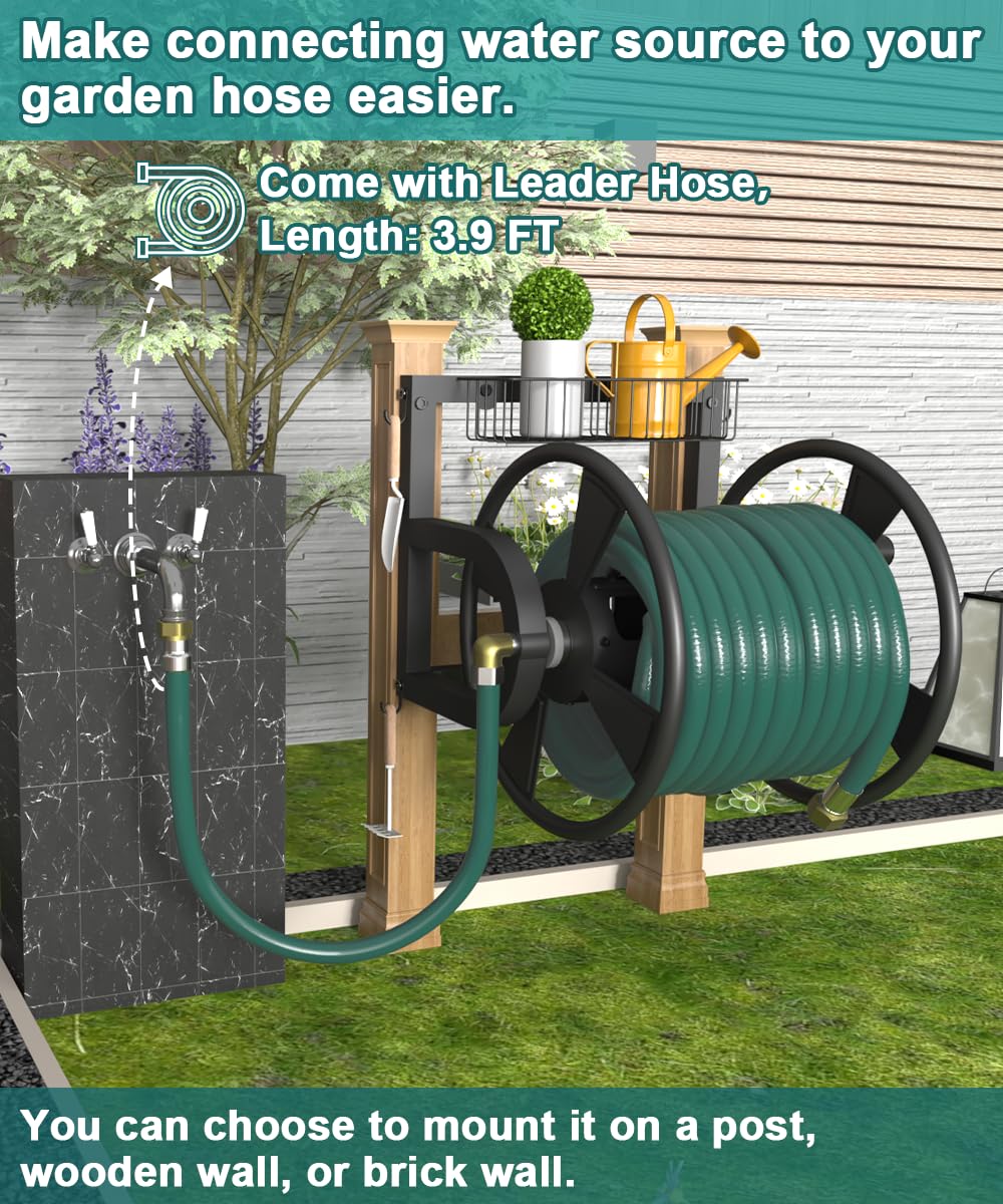 Artigarden Outdoor Wall Mounted Hose Reel with Hook, Garden Heavy-Duty Water Holder Winder with 3.9 ft Leader Hoses, Brass Fitting and Storage Basket for Yard, Holds 125 Ft of 5/8-Inch Hose, Black