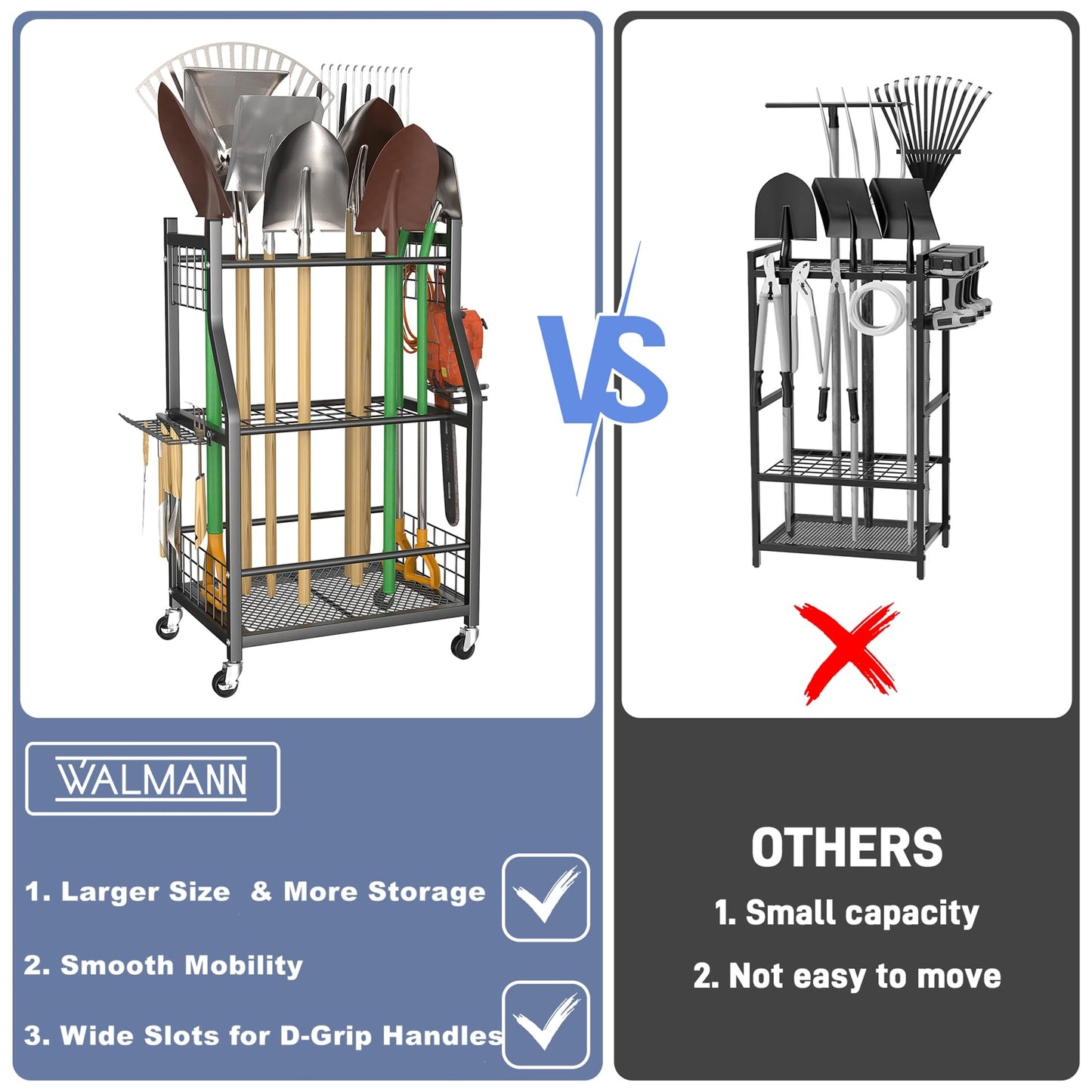 WALMANN Garden Tool Organizer with Wheels for Garage, Rakes/Shovels/Yard Tools Storage Stand for Garden, Shed, Indoor/Outdoor Long-Handled Tools Rolling Cart