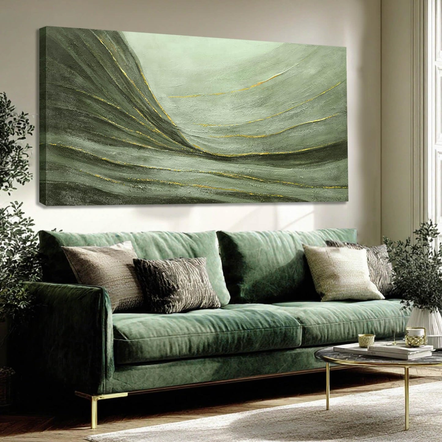 MLART99 Large Green and Gold Abstract Canvas Wall Art 24x48 Inch Modern Minimalist Painting for Living Room Bedroom Office Above Couch Wall Decoration Home Décor