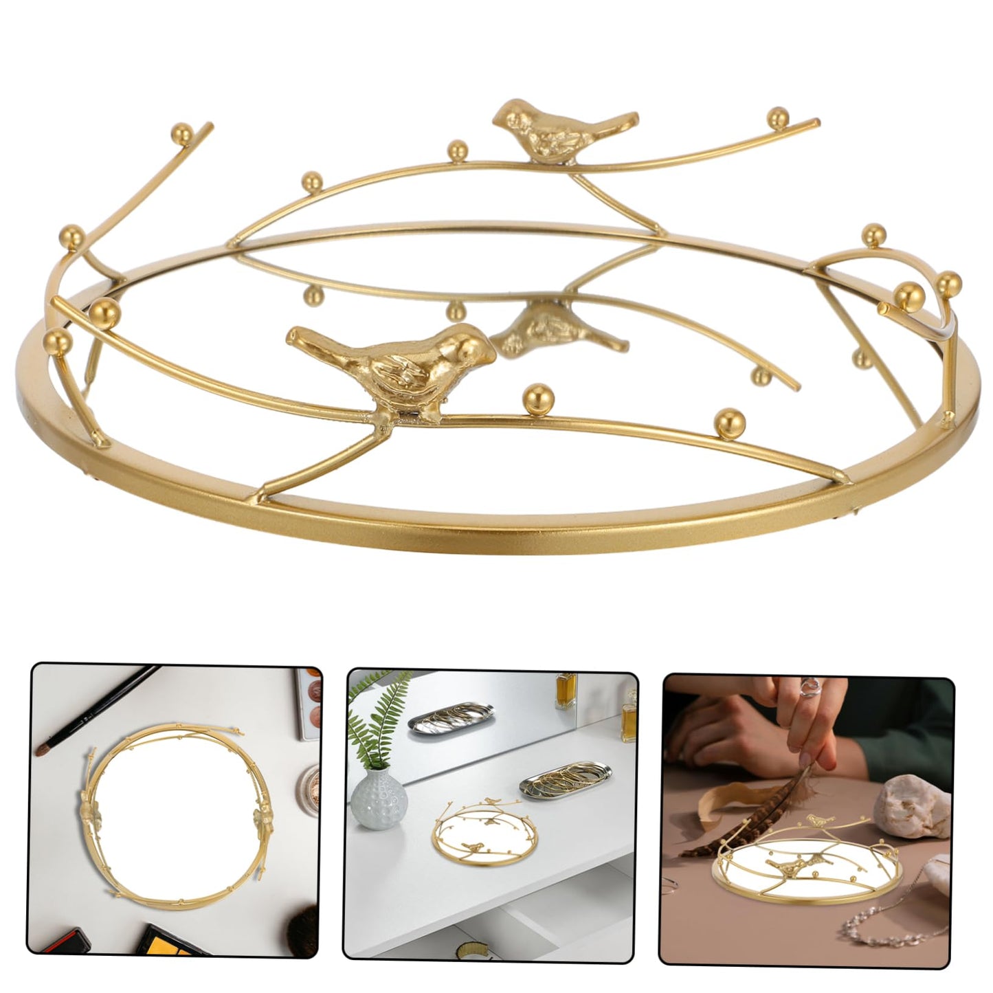 Luxshiny Elegant Round Gold Mirror Tray for Jewelry Perfume and Cosmetics Storage Home Decor