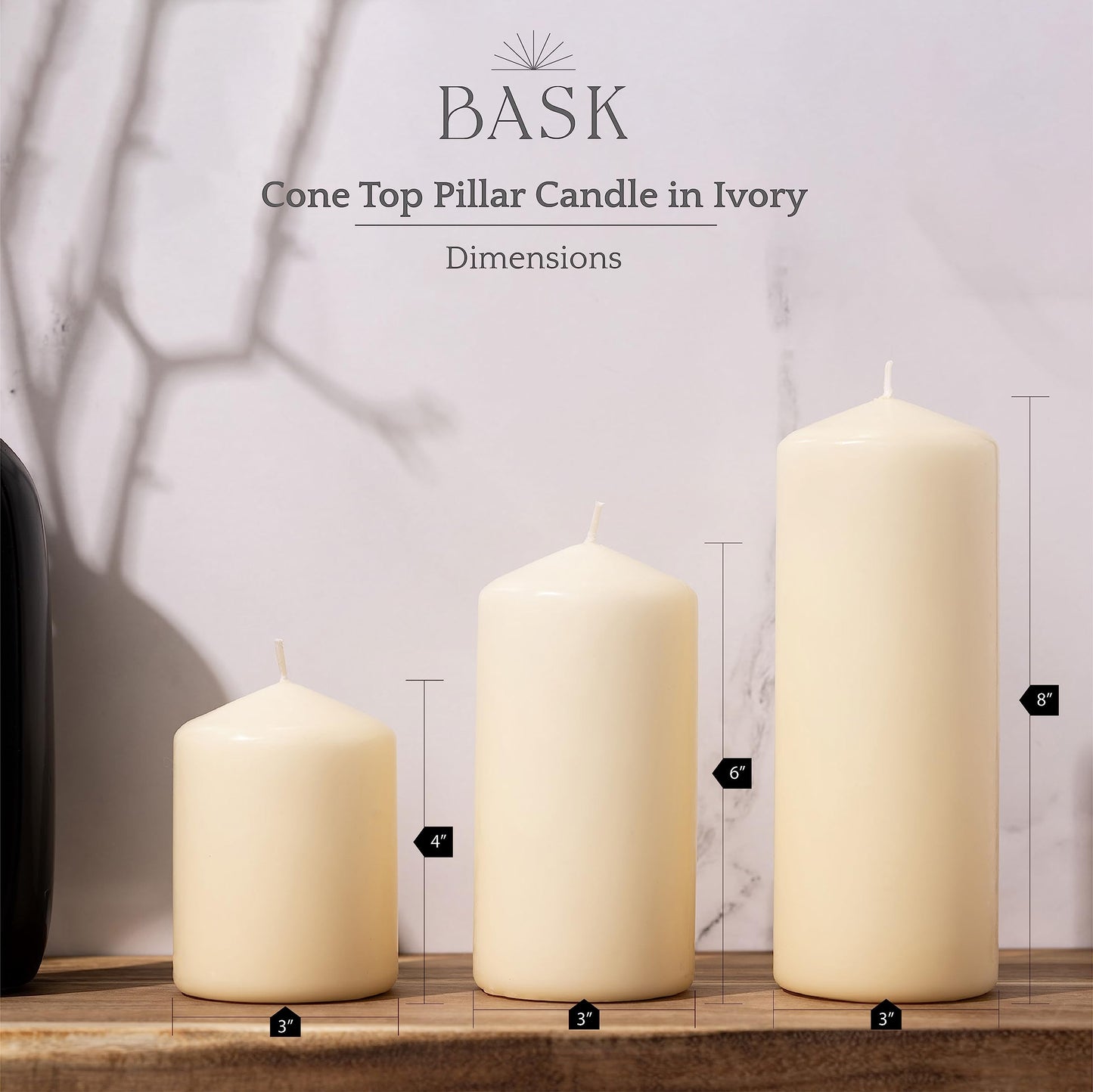 Bask Cone Top Pillar Candles - Elegant Ivory Candles - Set of 3 Ivory Pillar Candles - 3"x4", 3"x6", and 3" x8 - Smokeless and Dripless Decorative Candles for Home Decor and Relaxation