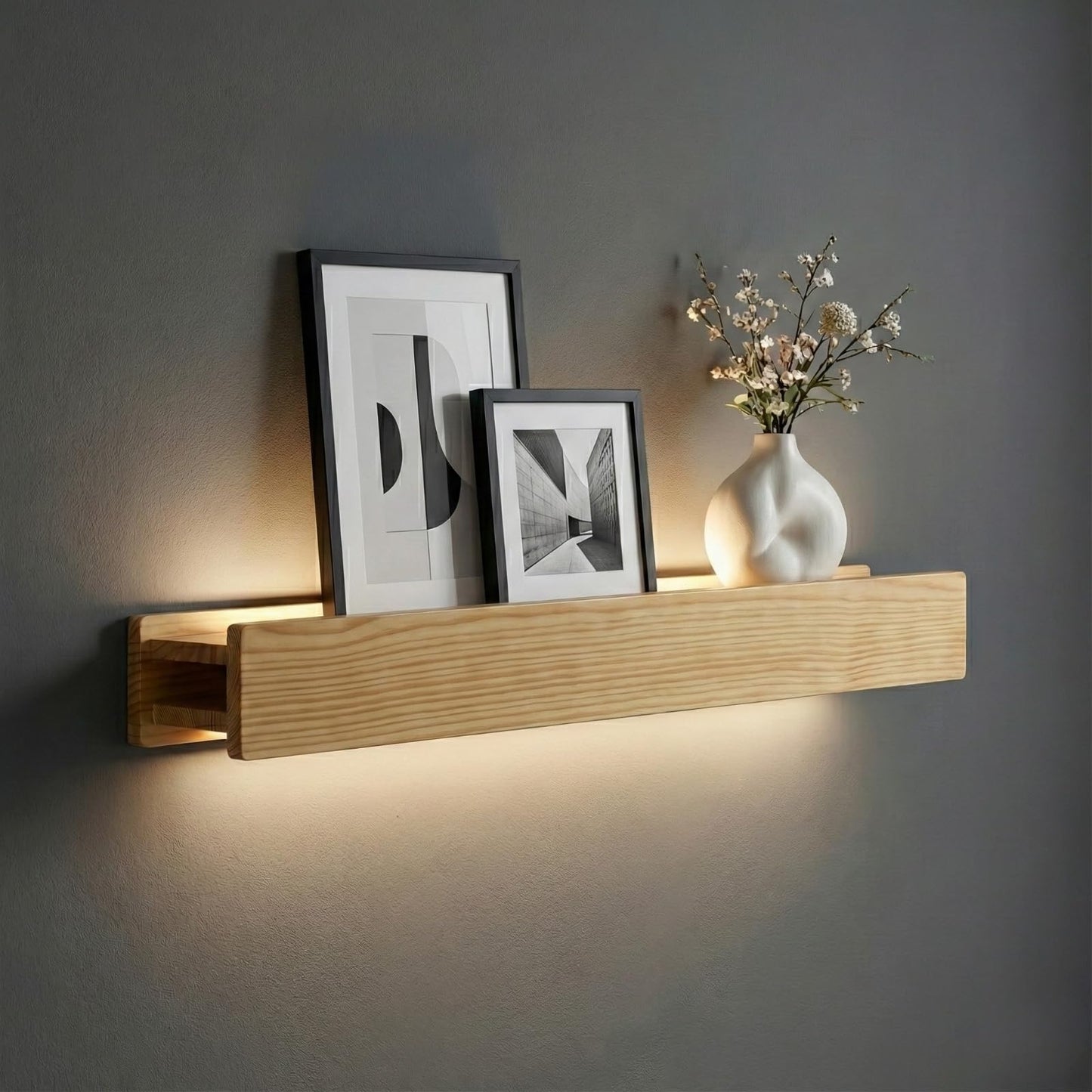 CANCHIC 24" Natural Wood LED Floating Shelf, Heavy Duty Solid Pine Decorative Wall Mounted Shelf with Soft Ambient Lights, Minimalist Ledge for Living Room & Bedroom, Ideal for Scandinavian Home Decor