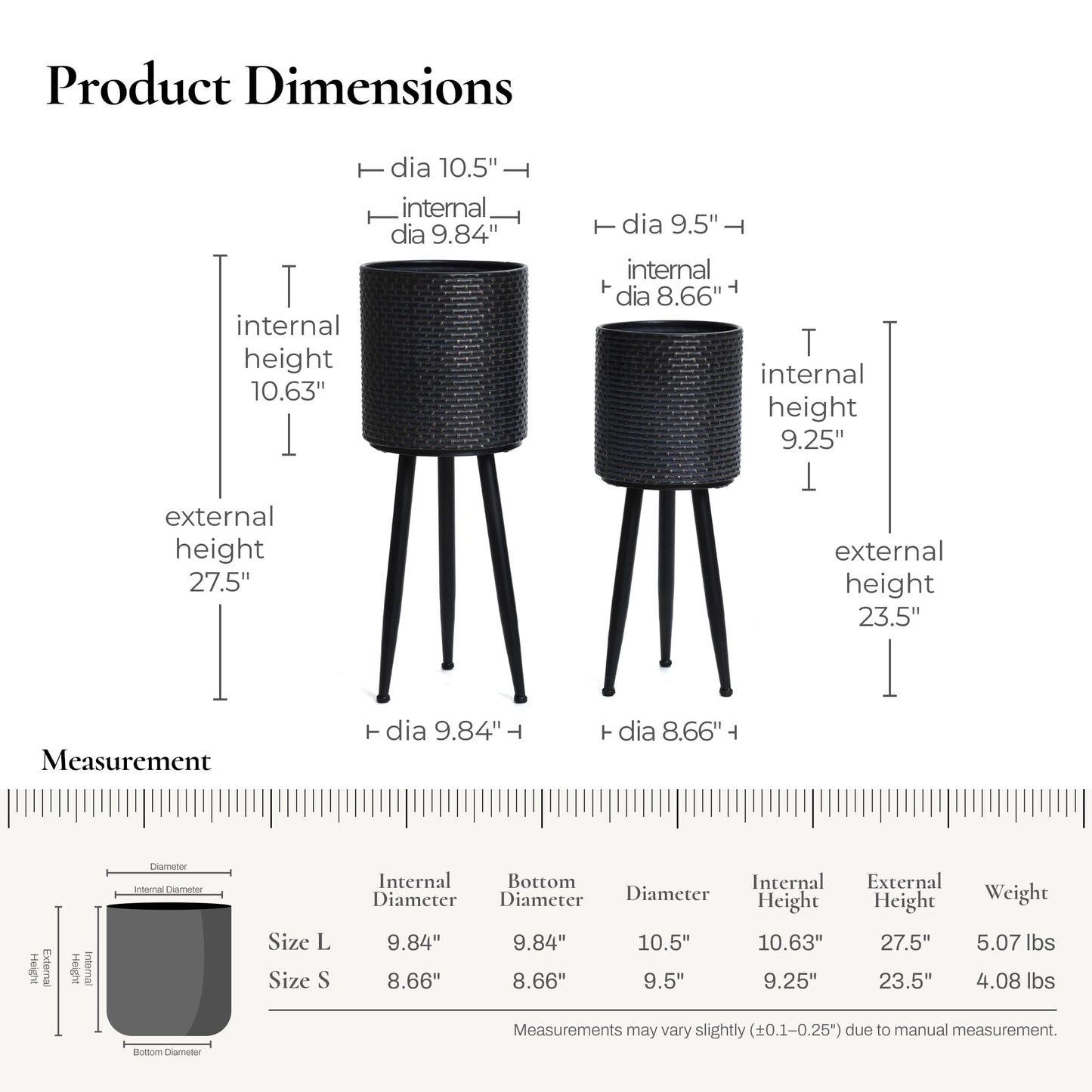 LuxenHome Mid Century Planters for Indoor Plants, Set of 2 Indoor Plant Pots, Dimpled Decorative Cachepot Planters with Black Metal Stands, Large Floor Flower Pot for Living Room, 9.5 & 10.5 Inch