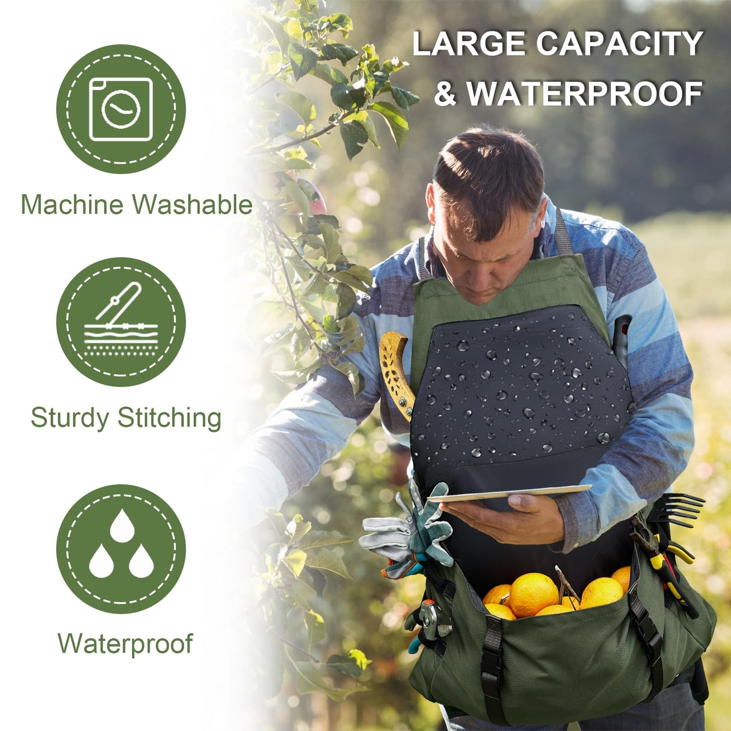 Cover Geny Gardening Apron Waterproof Cross Back Apron, 600D Heavy Duty Apron Harvest with Pockets, Adjustable Straps and Quick Release (green)