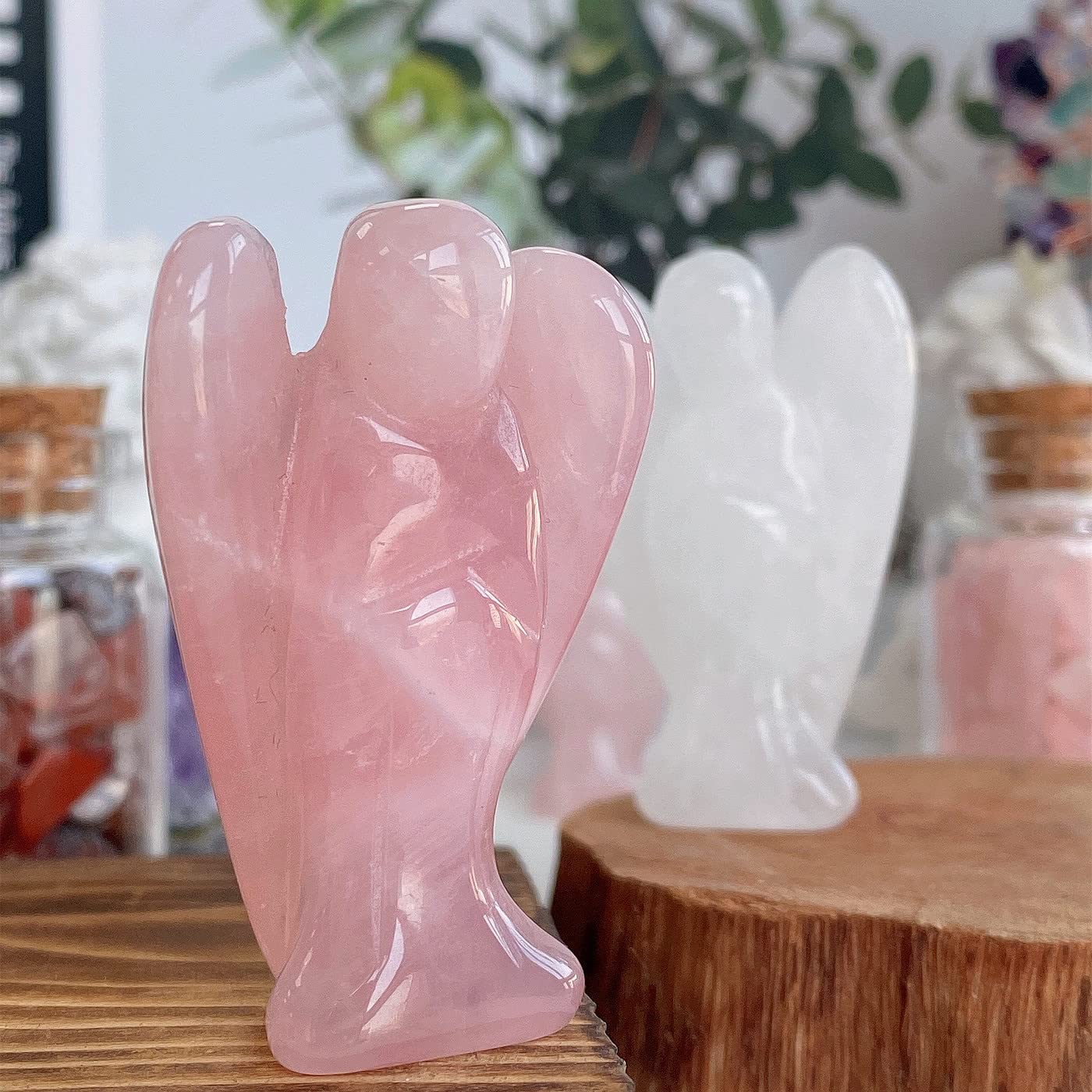 QINJIEJIE 3PCS Crystals Guardian Angel Stones Decor Amethyst Rose Quartz Opal Polished Gemstone Statue Cute Carved Gems Room Office Desk Angel Home Reiki Pocket Peace Angel Gifts for Women