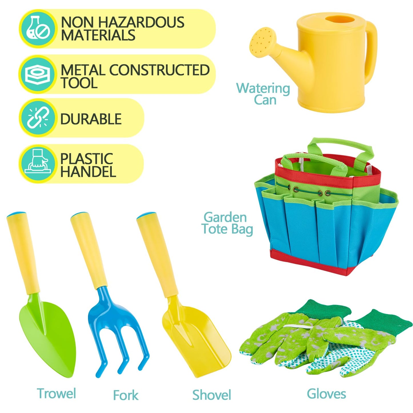 FITNATE Green Kids Garden Tools Set,6 PCS Garden Tools Including Watering Can, Shovel, Rake, Fork, Children Gardening Gloves and Garden Tote Bag, All in One Set