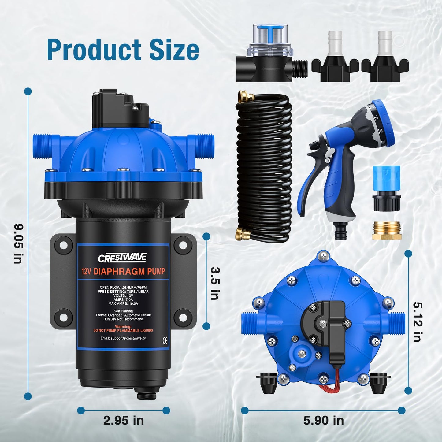 CrestWave 12V DC Washdown Pump Kit, 7GPM 70PSI Wash Down Pump for Boat with Spray Nozzle, 5-Chamber Self-Priming Diaphragm Water Pump with Pressure Switch & Strainer for Boats, RV, Marine, Yacht