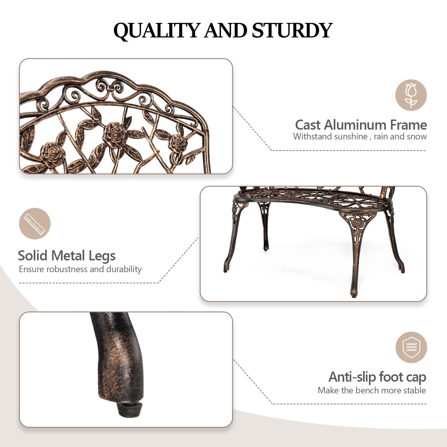 VINGLI 38.5" Patio Park Garden Outdoor Metal Rose Bench, 2-Person Cast Iron Cast Aluminium Frame Antique Finish Chair,Accented Lawn Front Porch Path Yard Decor Deck Furniture (Bronze, Rose)