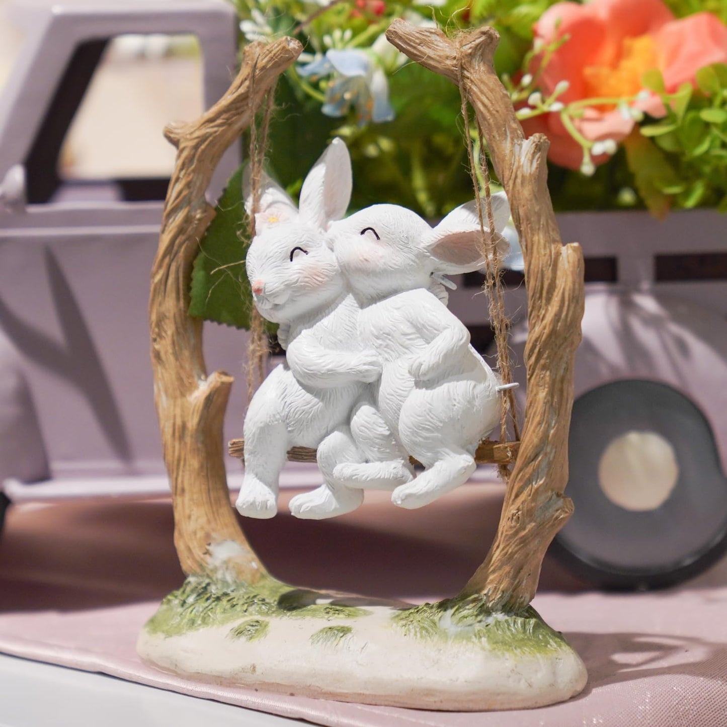 LC LCdecohome Easter Bunny Décor Outdoor Statues - Rabbit Décor Garden Decorations Easter Rabbit Figurine Couple Bunny Figurines Home Resin Rabbit Play on a Swing on The Tree 5L*2.5W*6.5H