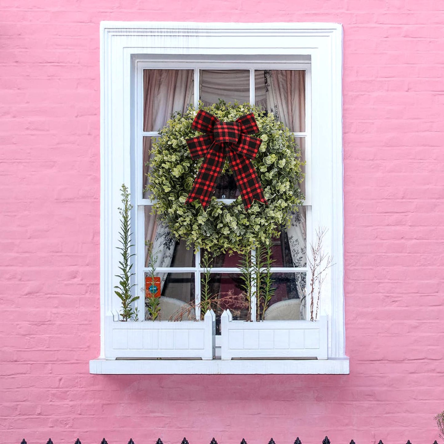 Pansu 19 Inch Boxwood Wreath, 3 Different Bows,Artificial Spring, Summer, Fall, or Winter Wreath ，Weatherproof Indoor/Outdoor Wreaths for Front Door